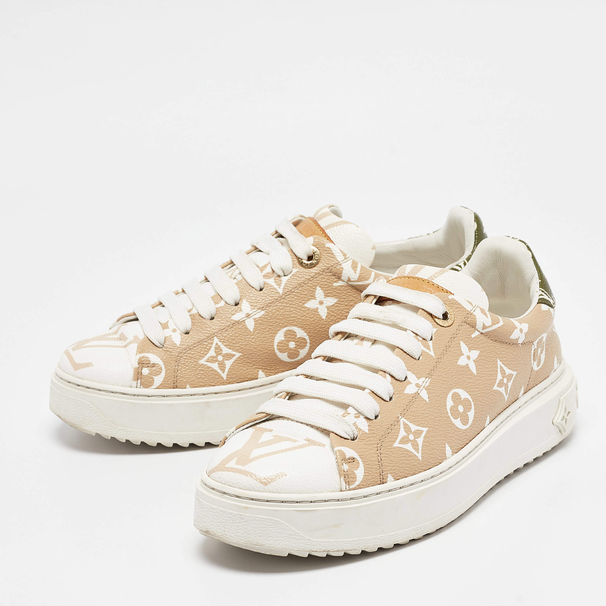 Pre Owned Louis Vuitton Beige Canvas Time Out Lace Up Sneakers Size 38