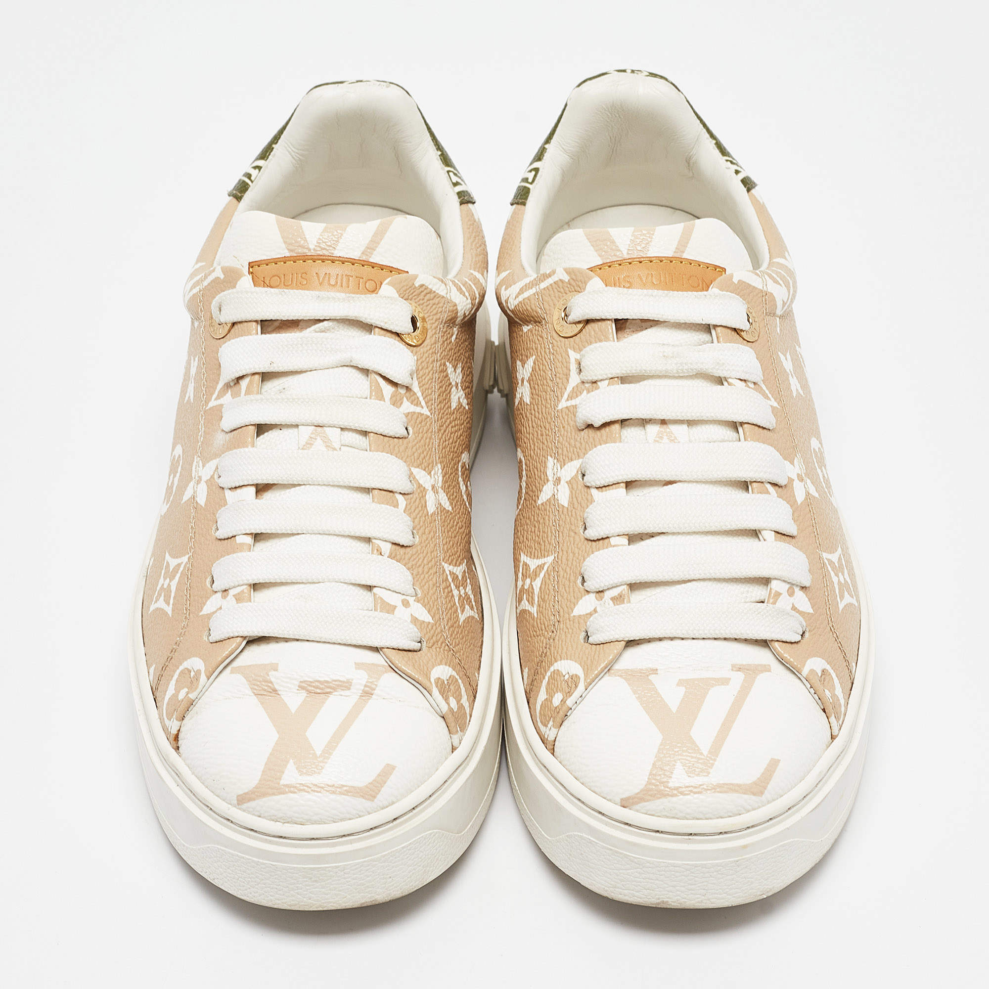 Pre Owned Louis Vuitton Beige Canvas Time Out Lace Up Sneakers Size 38