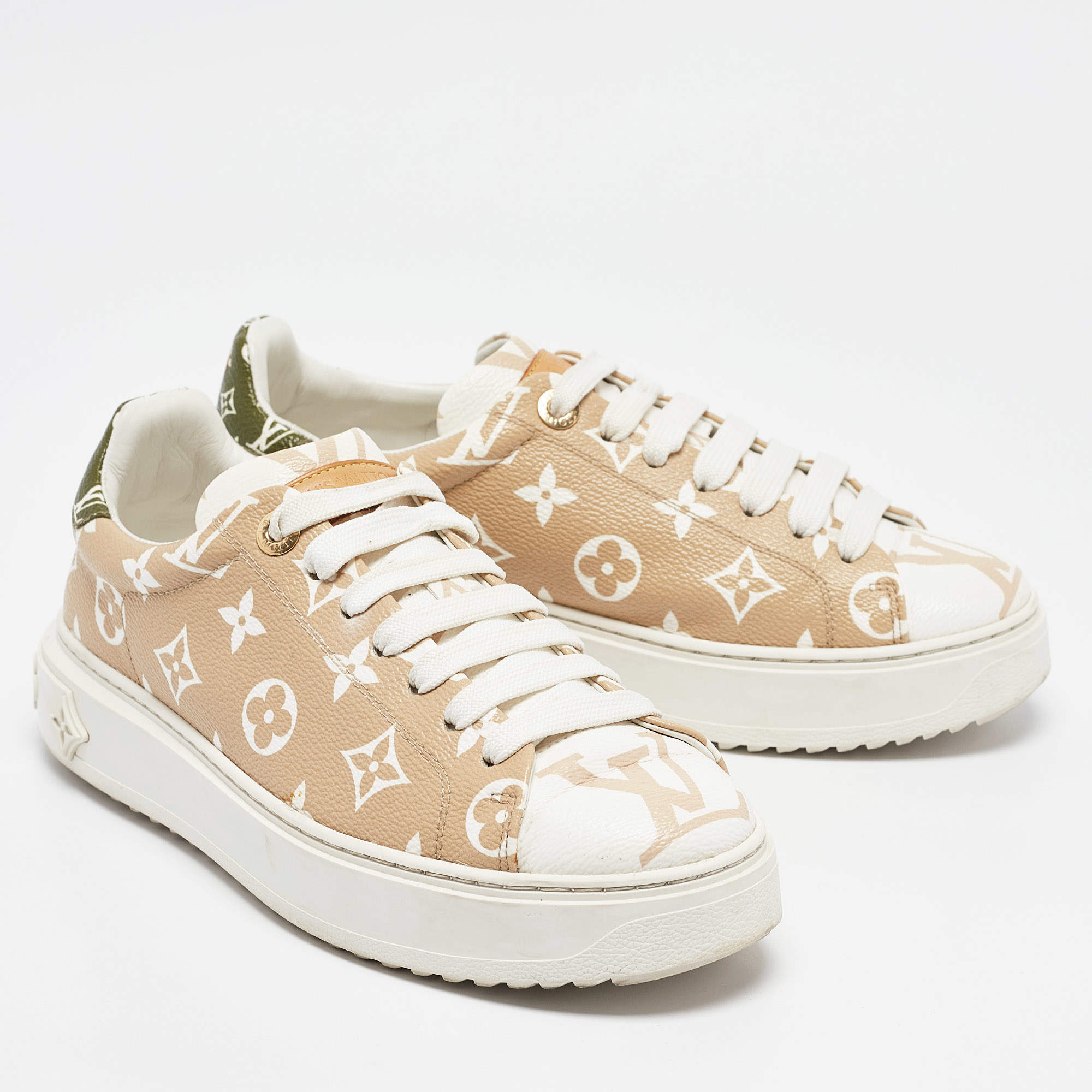 Pre Owned Louis Vuitton Beige Canvas Time Out Lace Up Sneakers Size 38