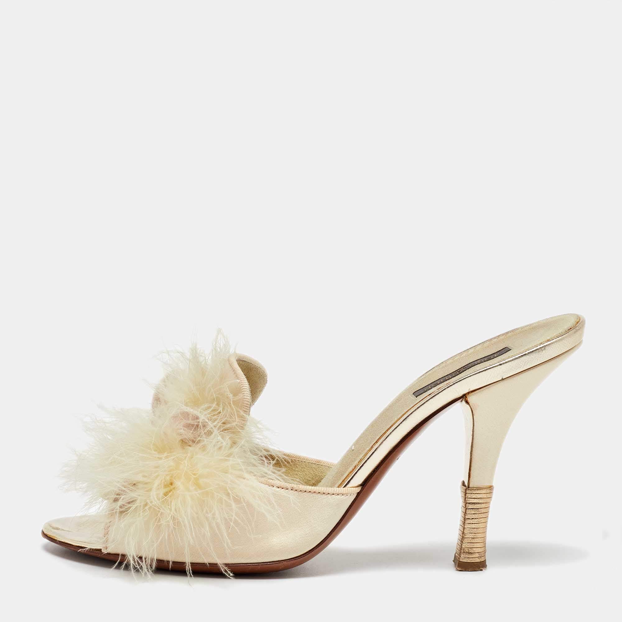 Louis Vuitton Cream Satin and Ostrich Feather Bow Slide Sandals Size 38