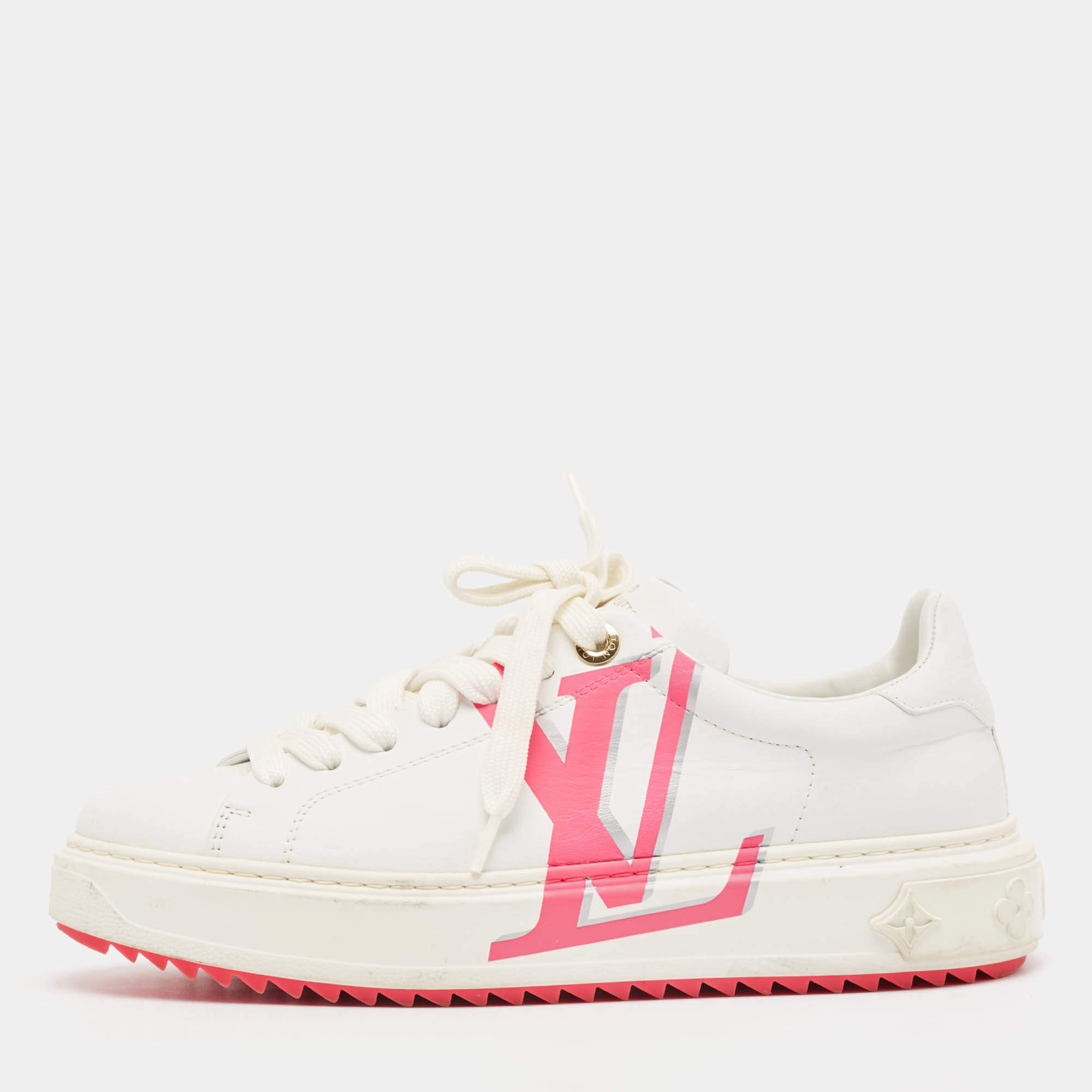Louis Vuitton White Leather Time Out Lace Up Sneakers Size 38.5