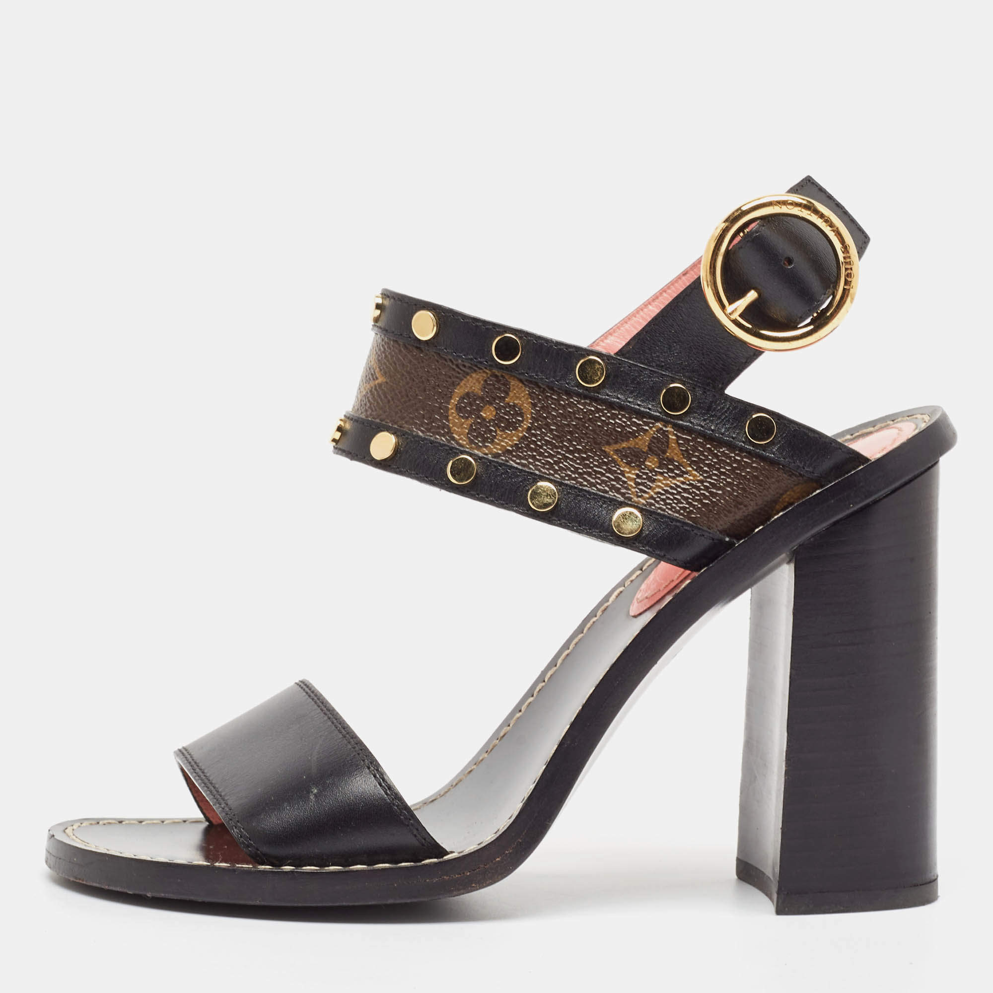 Louis Vuitton Black/Brown Monogram Canvas and Leather Ankle Strap Sandals Size 37.5