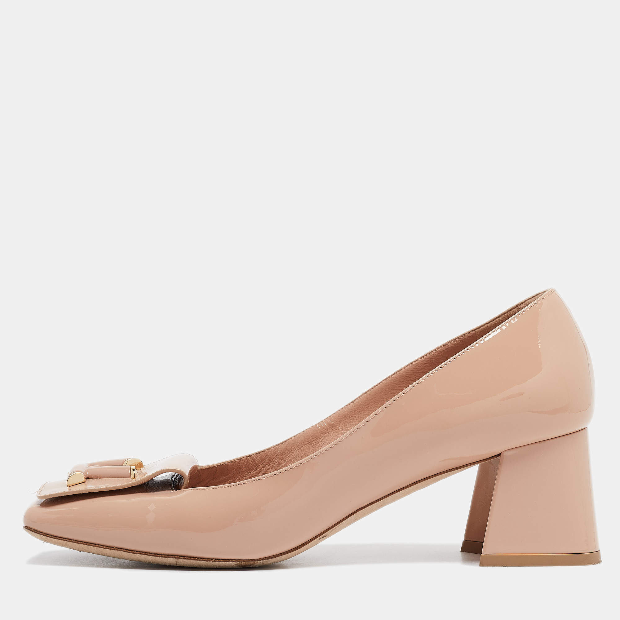 Pre Owned Louis Vuitton Beige Patent Leather Block Heel Pumps Size 37