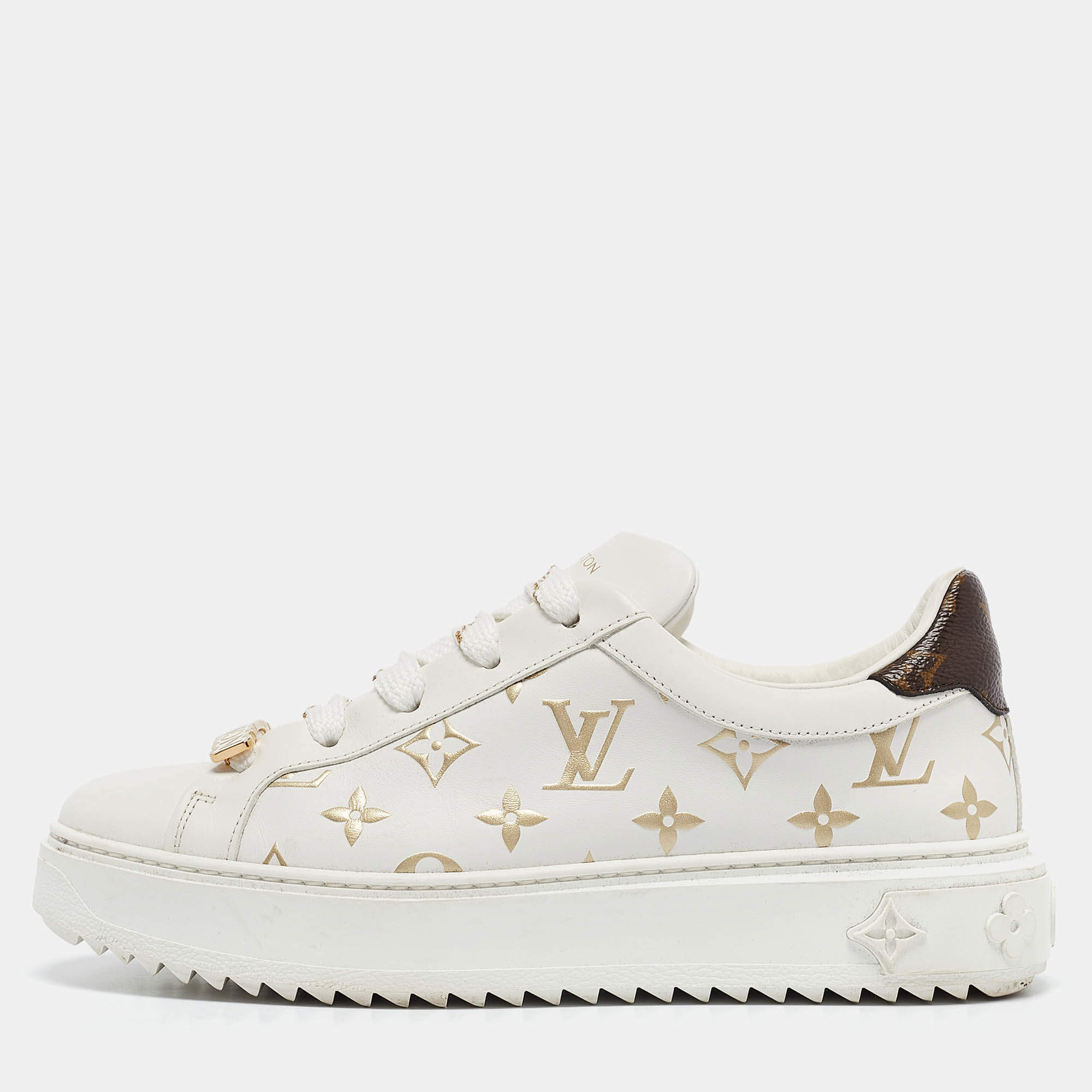Louis Vuitton White/Gold Monogram Leather Time Out Sneakers Size 37.5