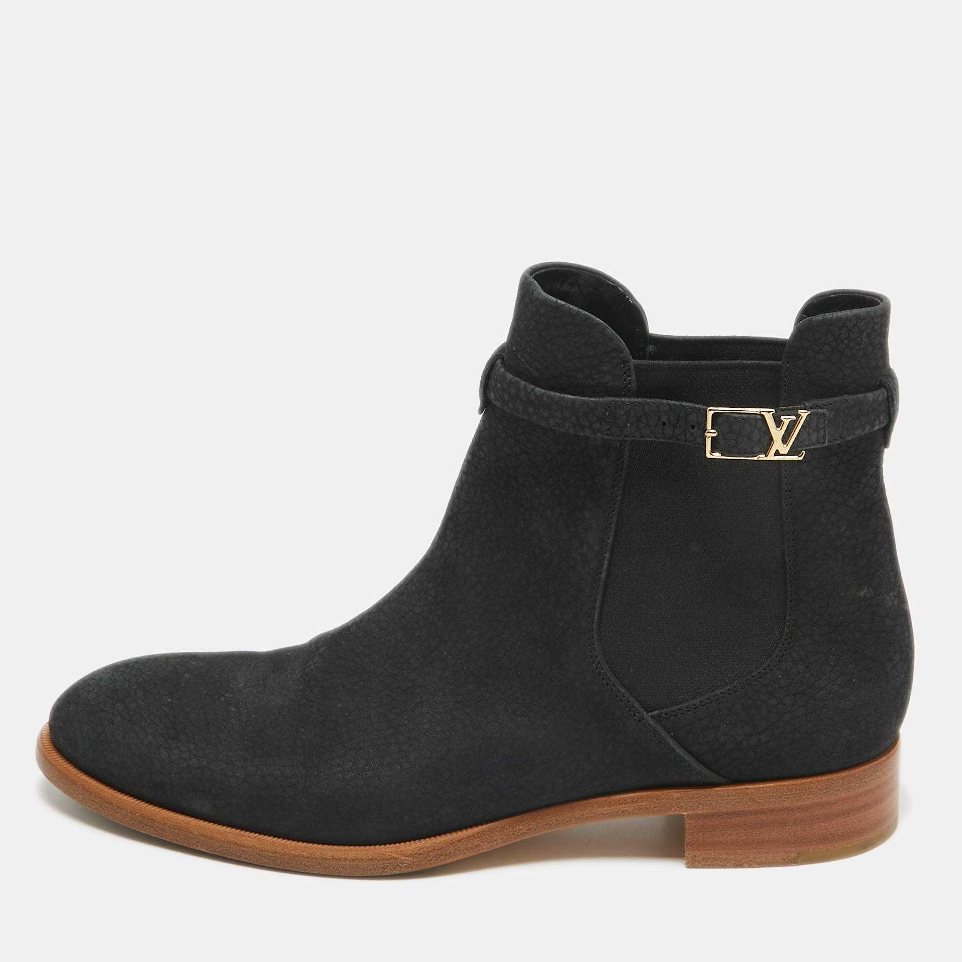 Pre Owned Louis Vuitton Black Nubuck Leather Logo Strap Ankle Length Boots Size 39