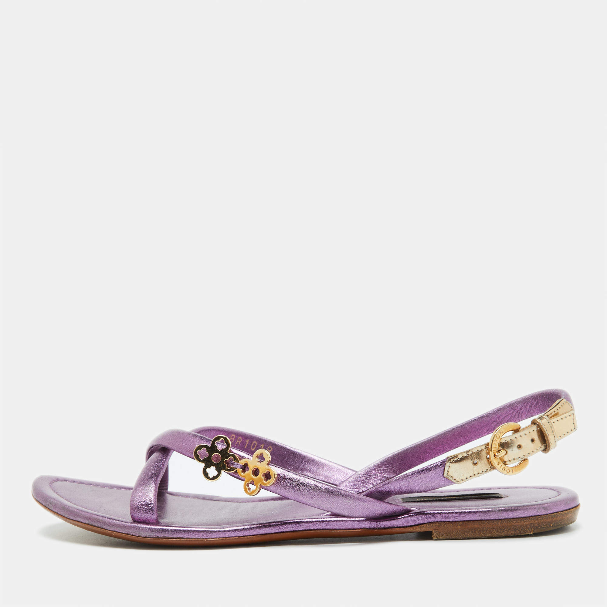 Pre Owned Louis Vuitton Metallic Purple Leather Flat Sandals Size 37.5