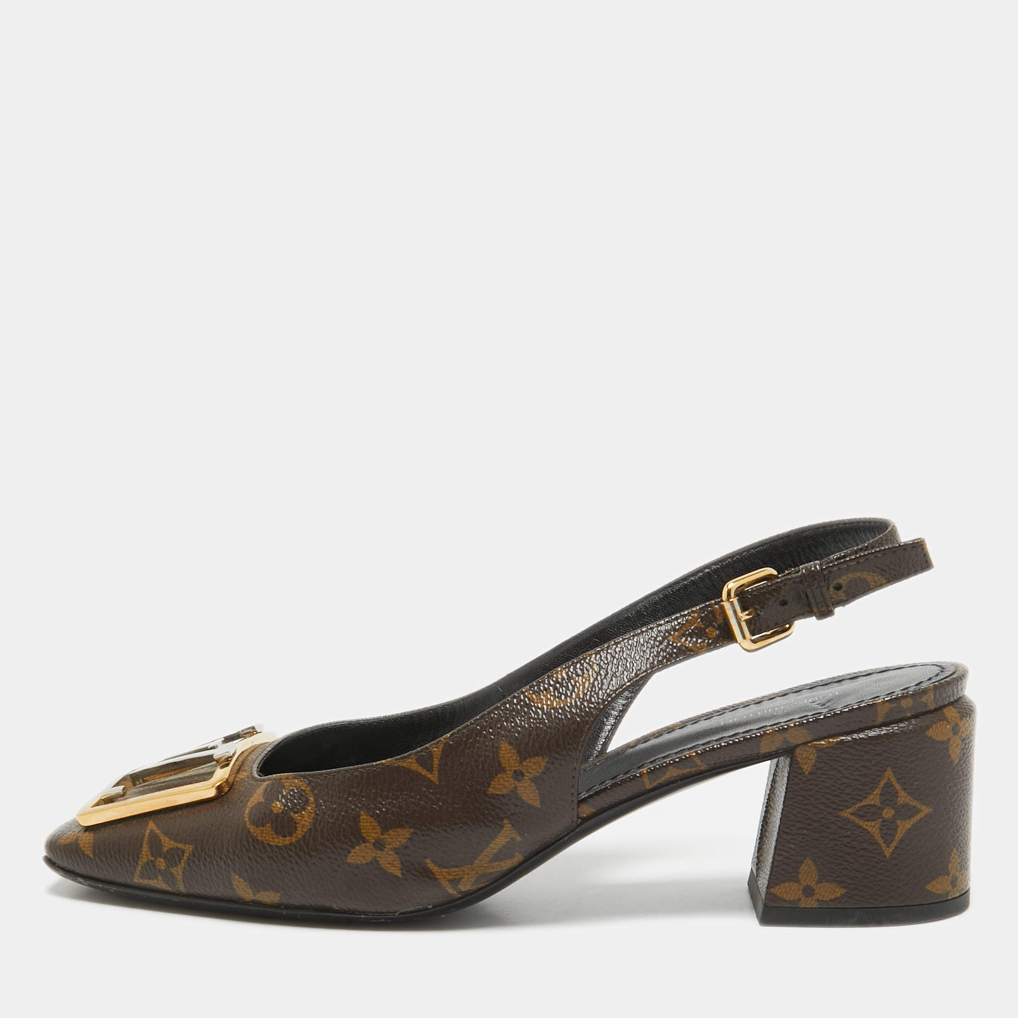 Pre Owned Louis Vuitton Brown Canvas Madeleine Block Heel Pumps Size 39
