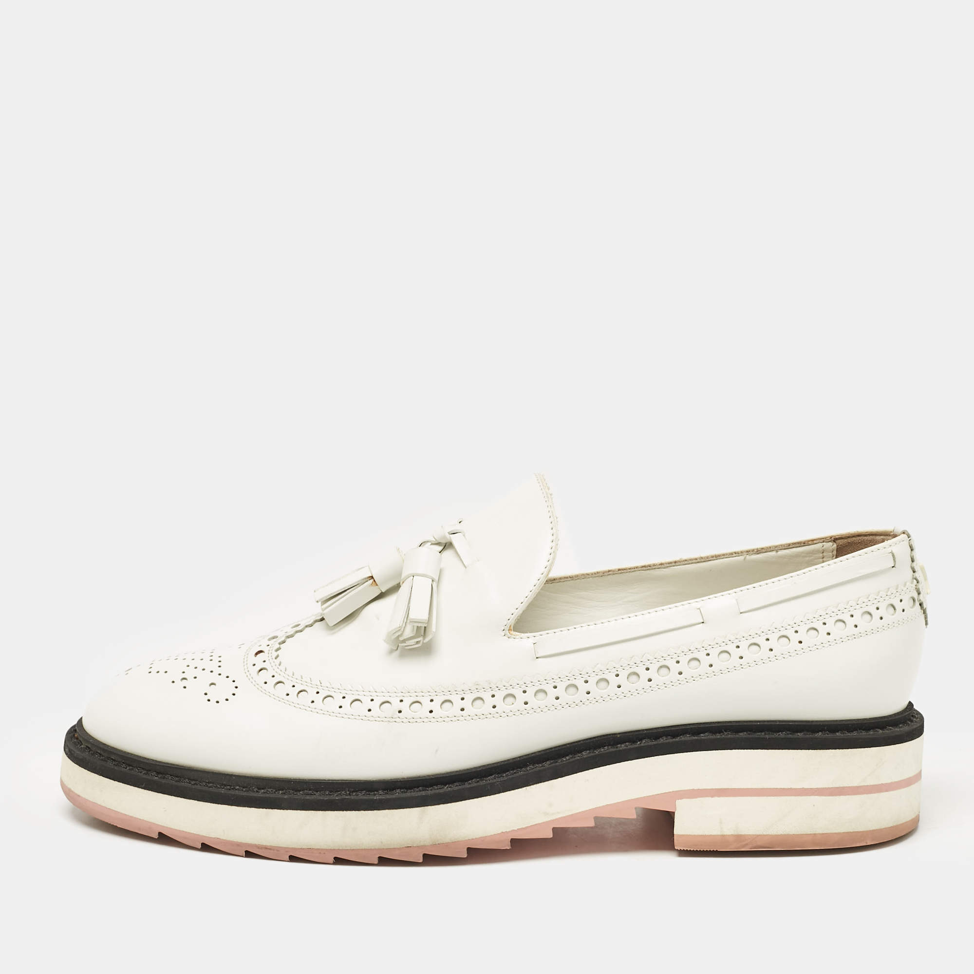 Louis Vuitton White Leather Tassel Brogue Slip On Loafers Size 37.5
