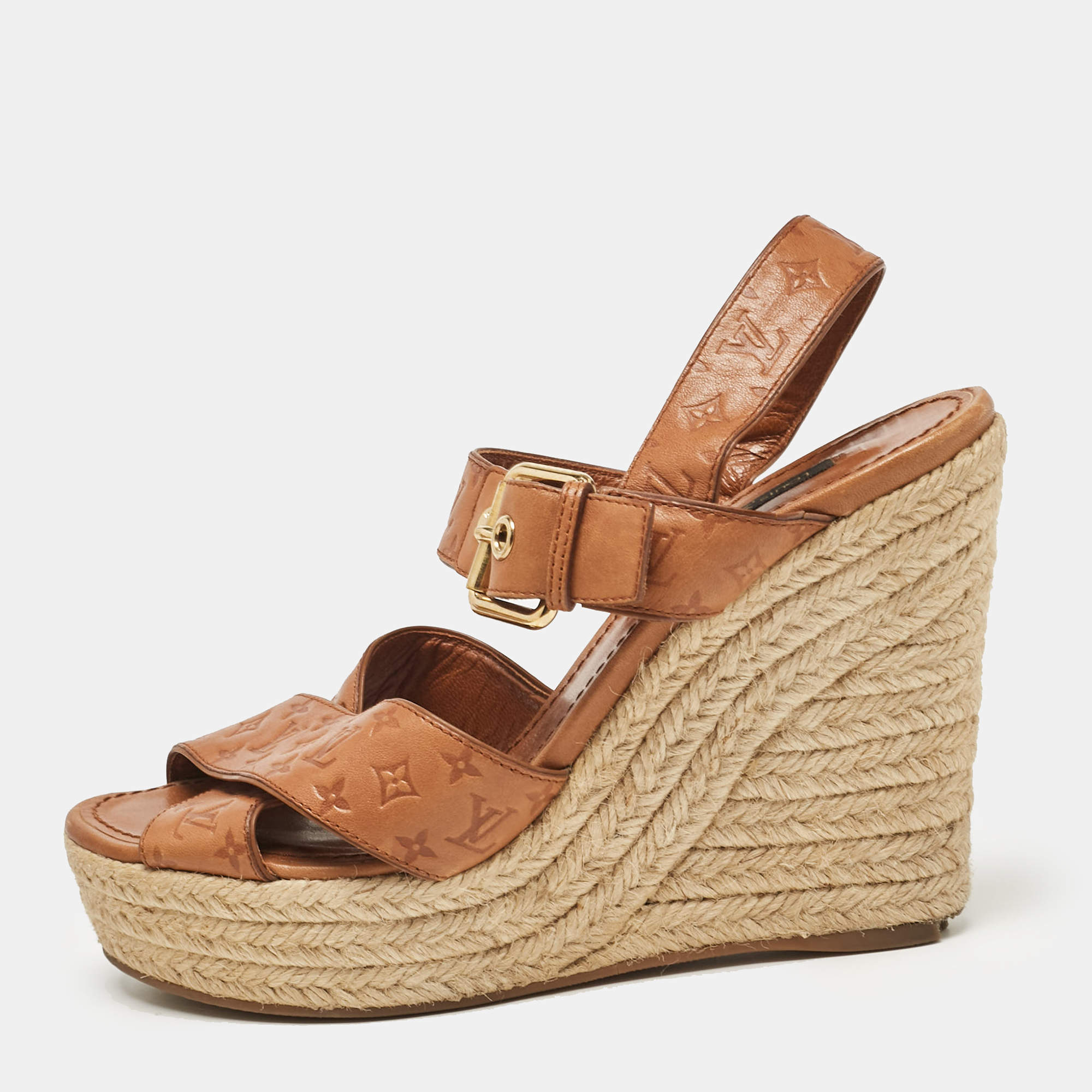 مملوكة مسبقًا Louis Vuitton Tan Monogram Embossed Leather Espadrille Wedge Sandals Size 37