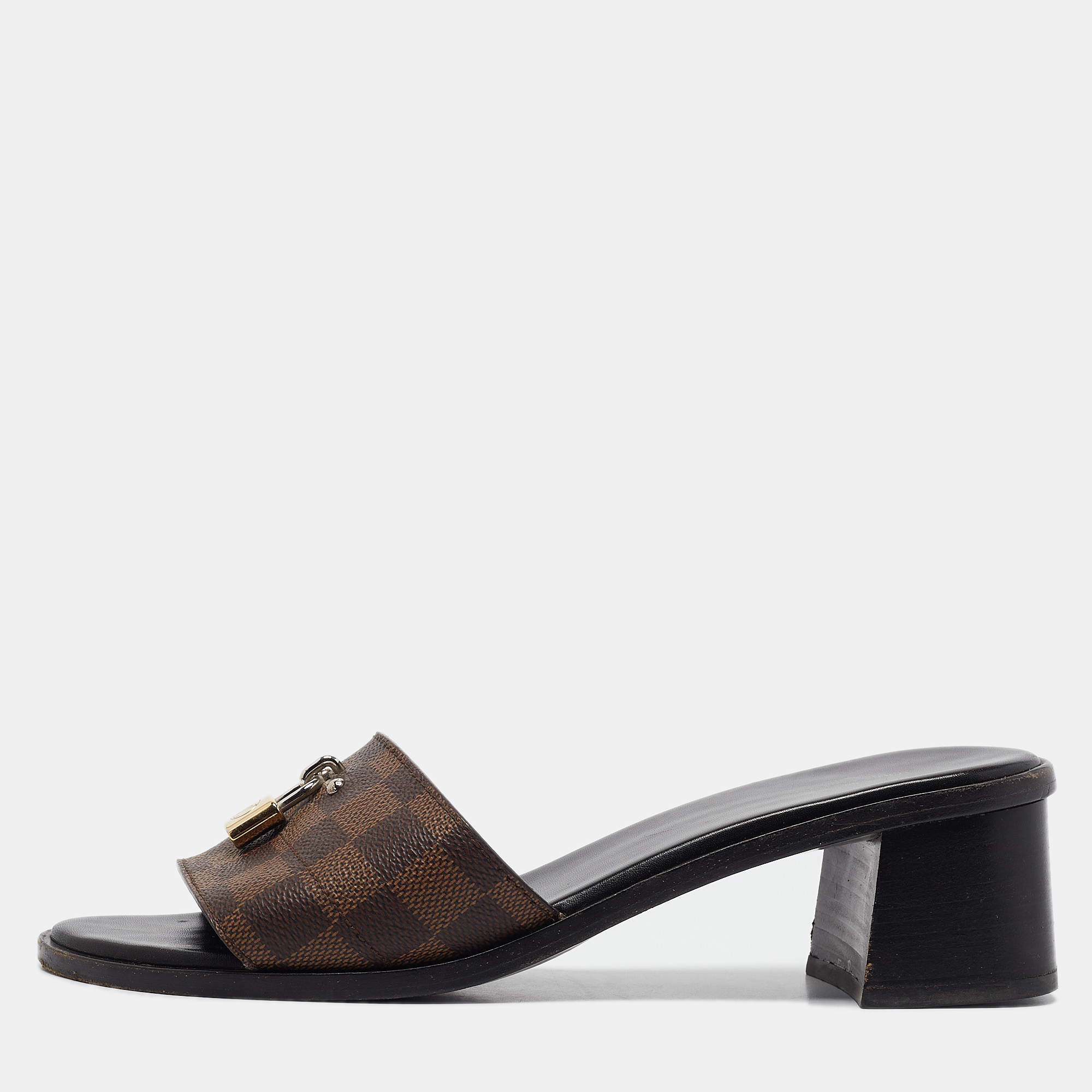 Pre Owned Louis Vuitton Brown Coated Canvas Lock It Slide Sandals Size 40