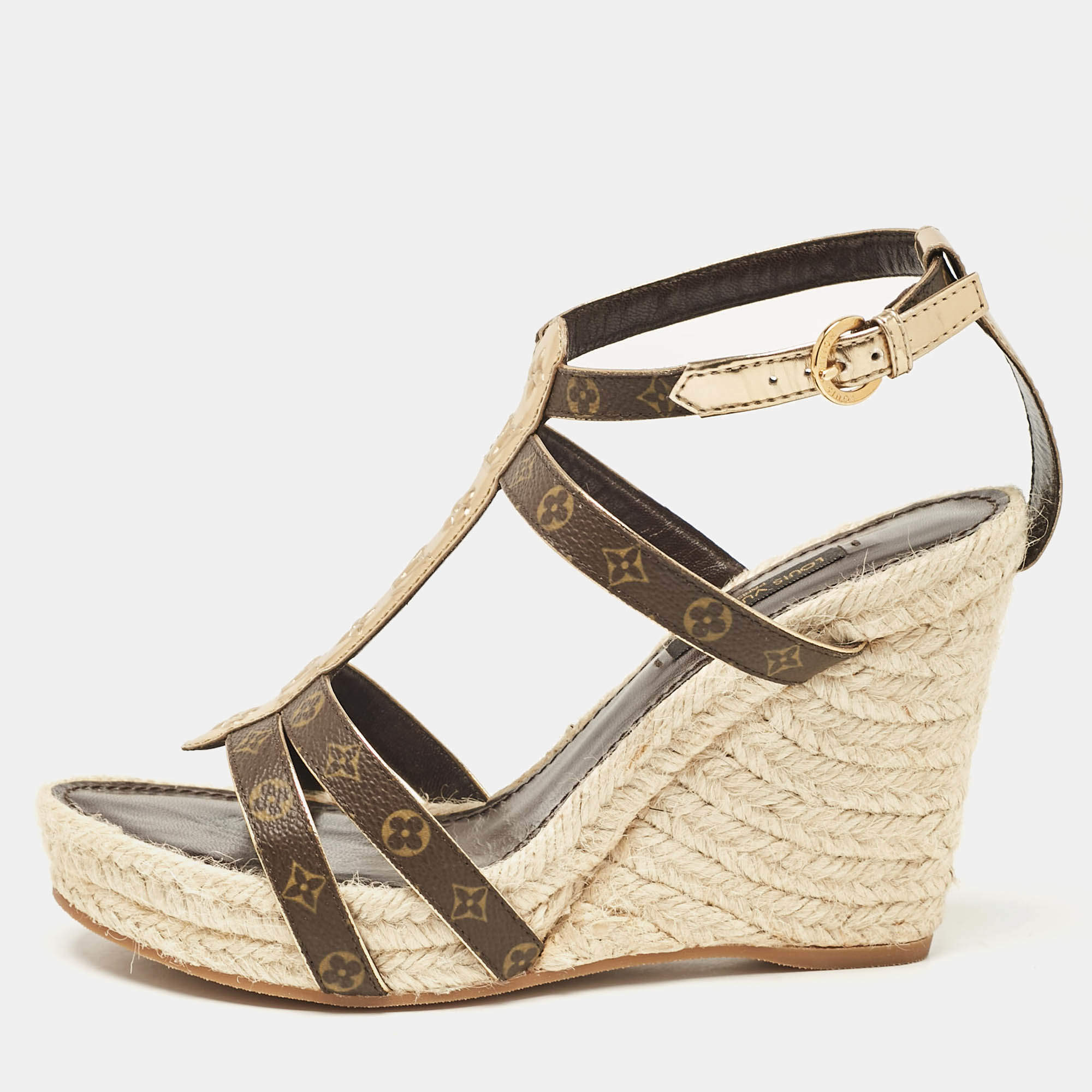 Pre Owned Louis Vuitton Gold Monogram Canvas and Leather Bahamas Wedge Sandals Size 37