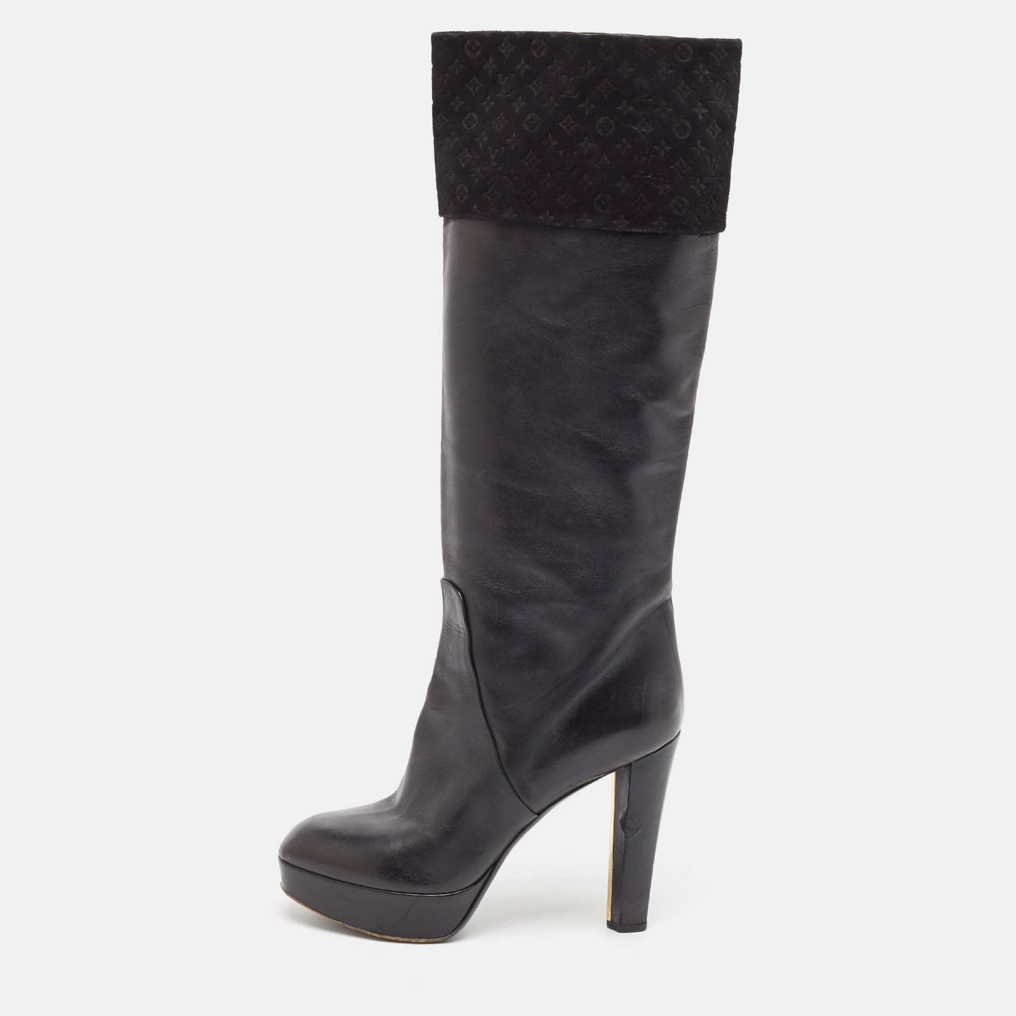 Louis Vuitton Black Monogram Suede and Leather Knee Length Boots Size 39