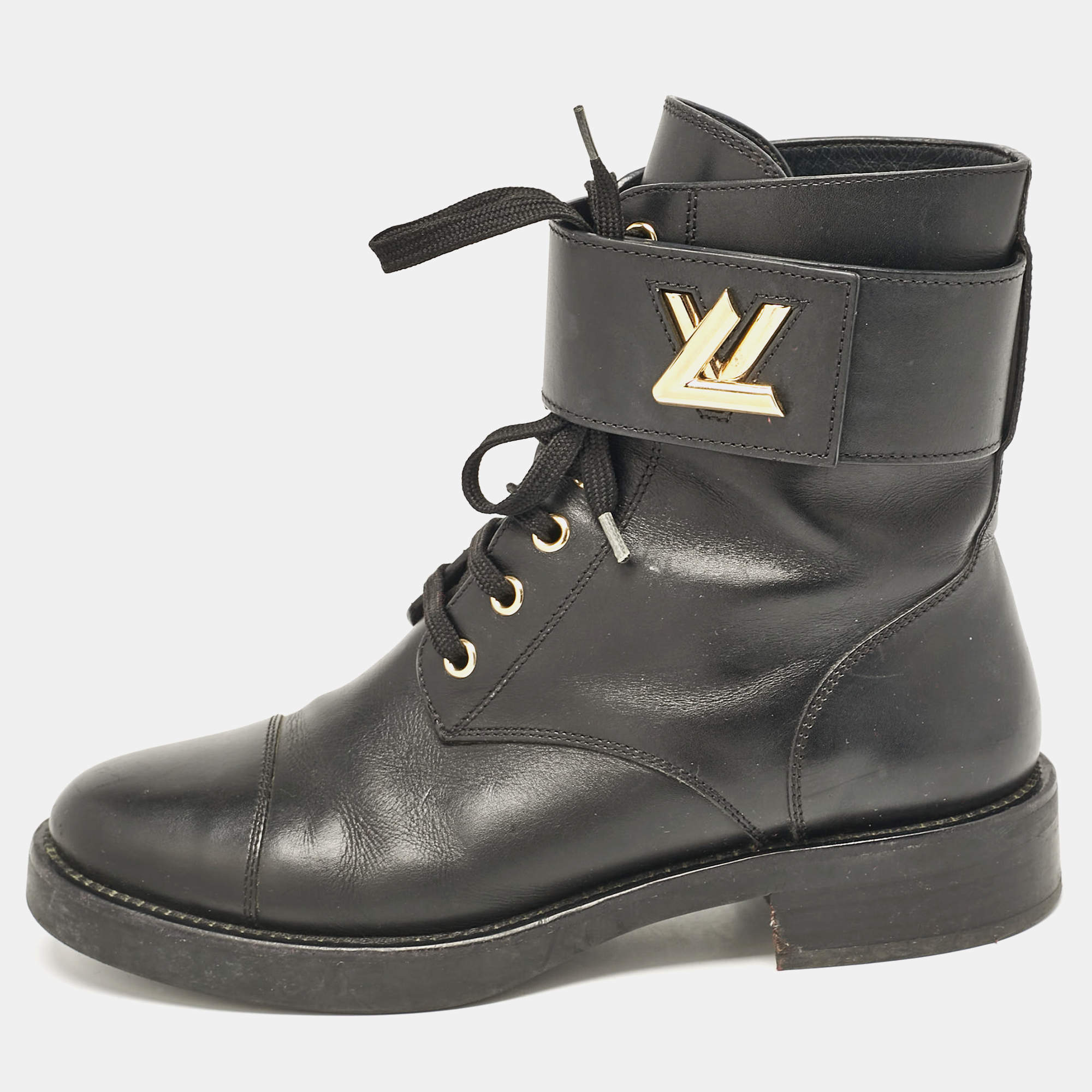 Louis Vuitton Black Leather Wonderland Flat Ranger Ankle Length Boots Size 38