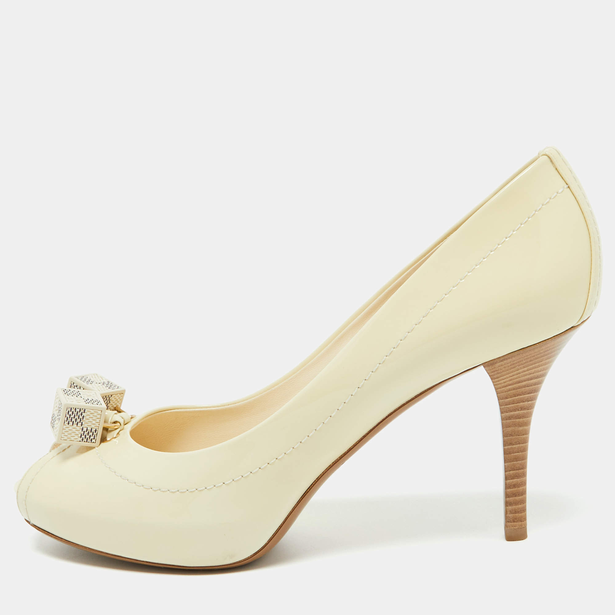 Louis Vuitton Cream Patent Leather and Damier Azur Canvas Peep Toe Pumps Size 38.5