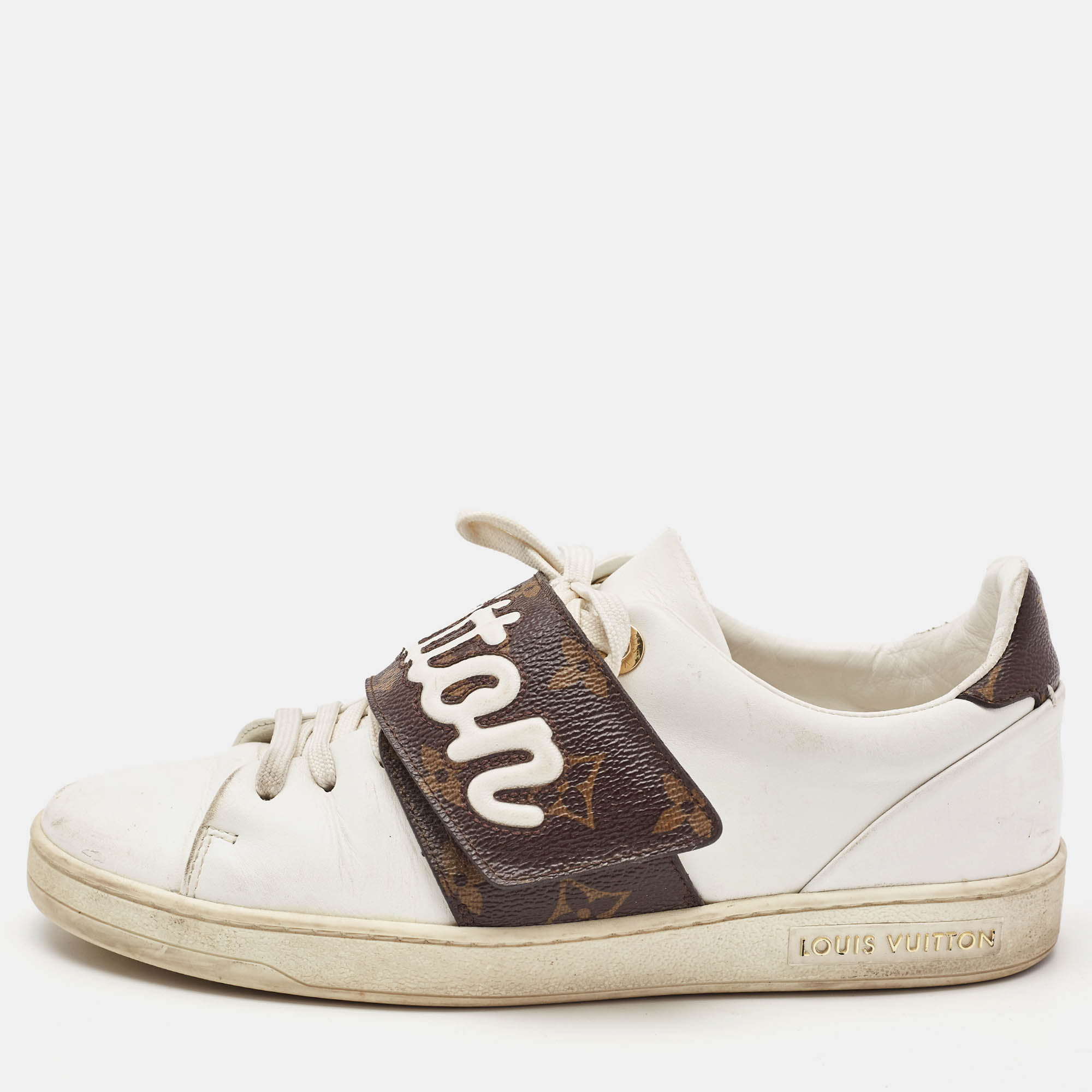Louis Vuitton White/Brown Monogram Canvas and Leather Frontrow Sneakers Size 36