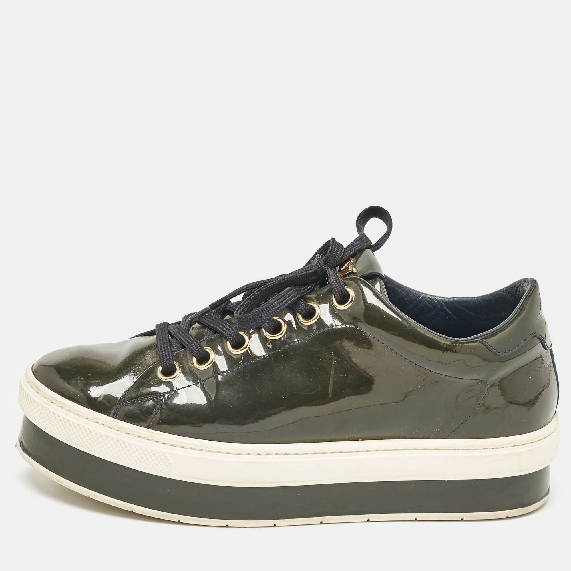 Louis Vuitton Dark Green Patent Leather Lace Up Sneakers Size 37.5