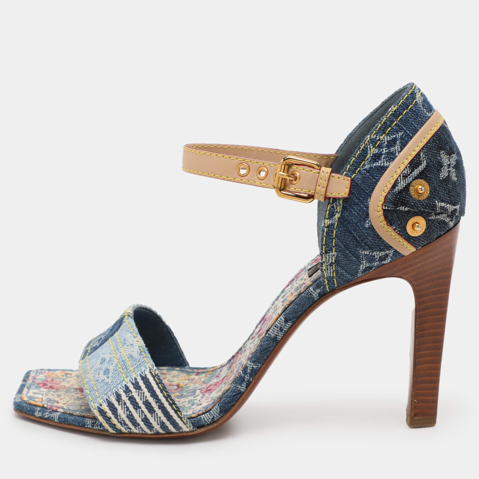 Pre Owned Louis Vuitton Blue Monogram Denim and Leather Ankle Strap Sandals Size 39