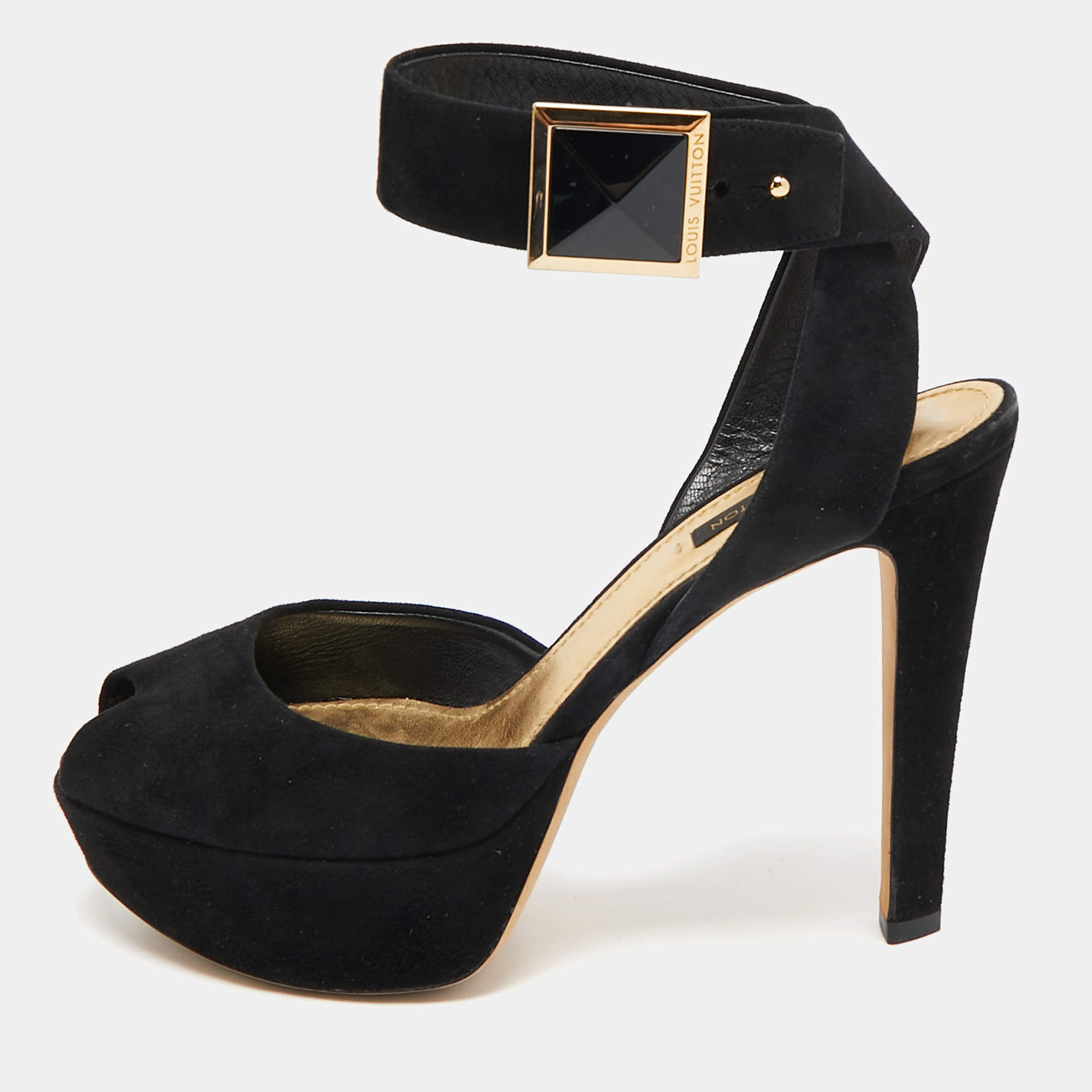 Louis Vuitton Black Suede Ankle Strap Sandals Size 37.5