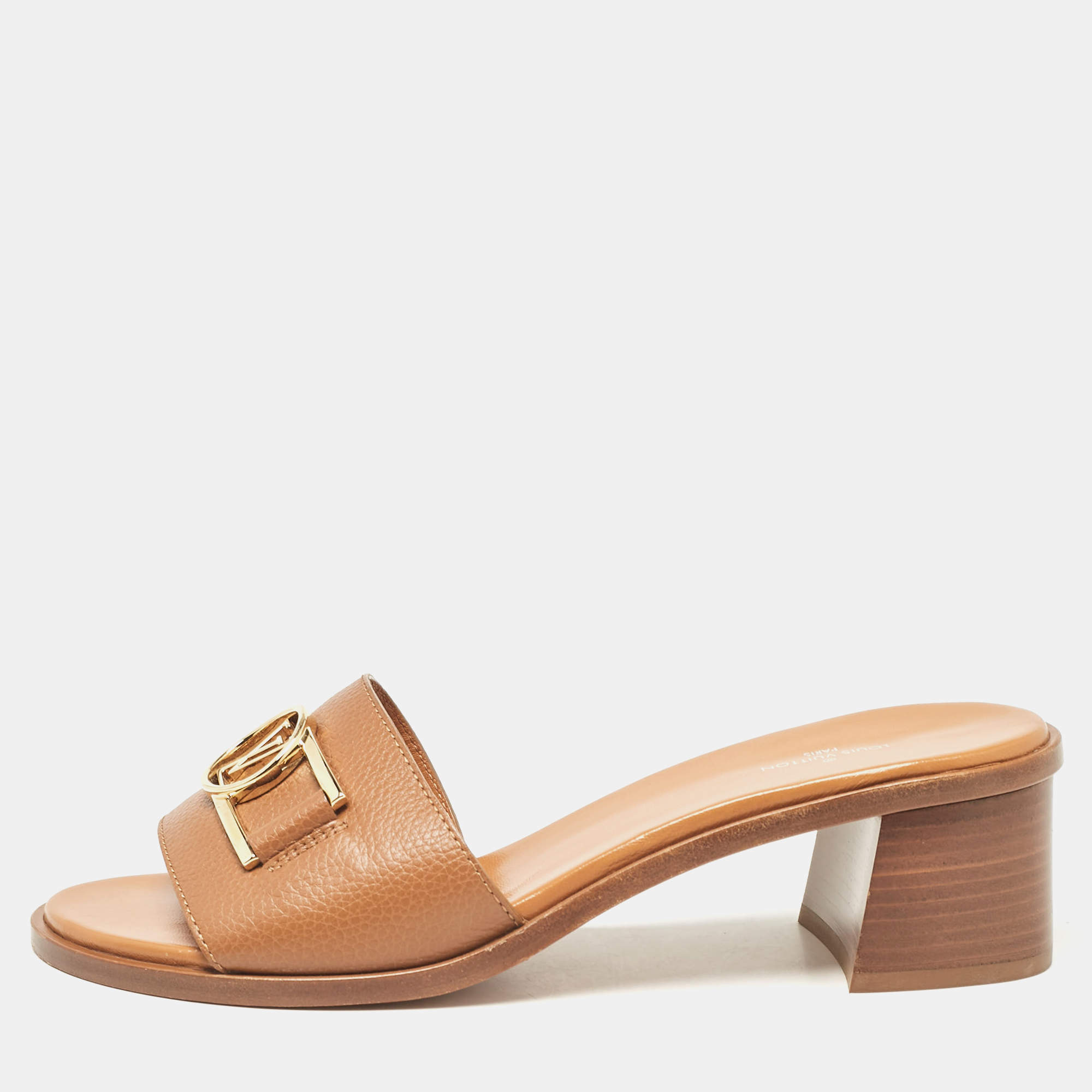 Pre Owned Louis Vuitton Brown Leather Lock It Block Heel Slide Sandals Size 40