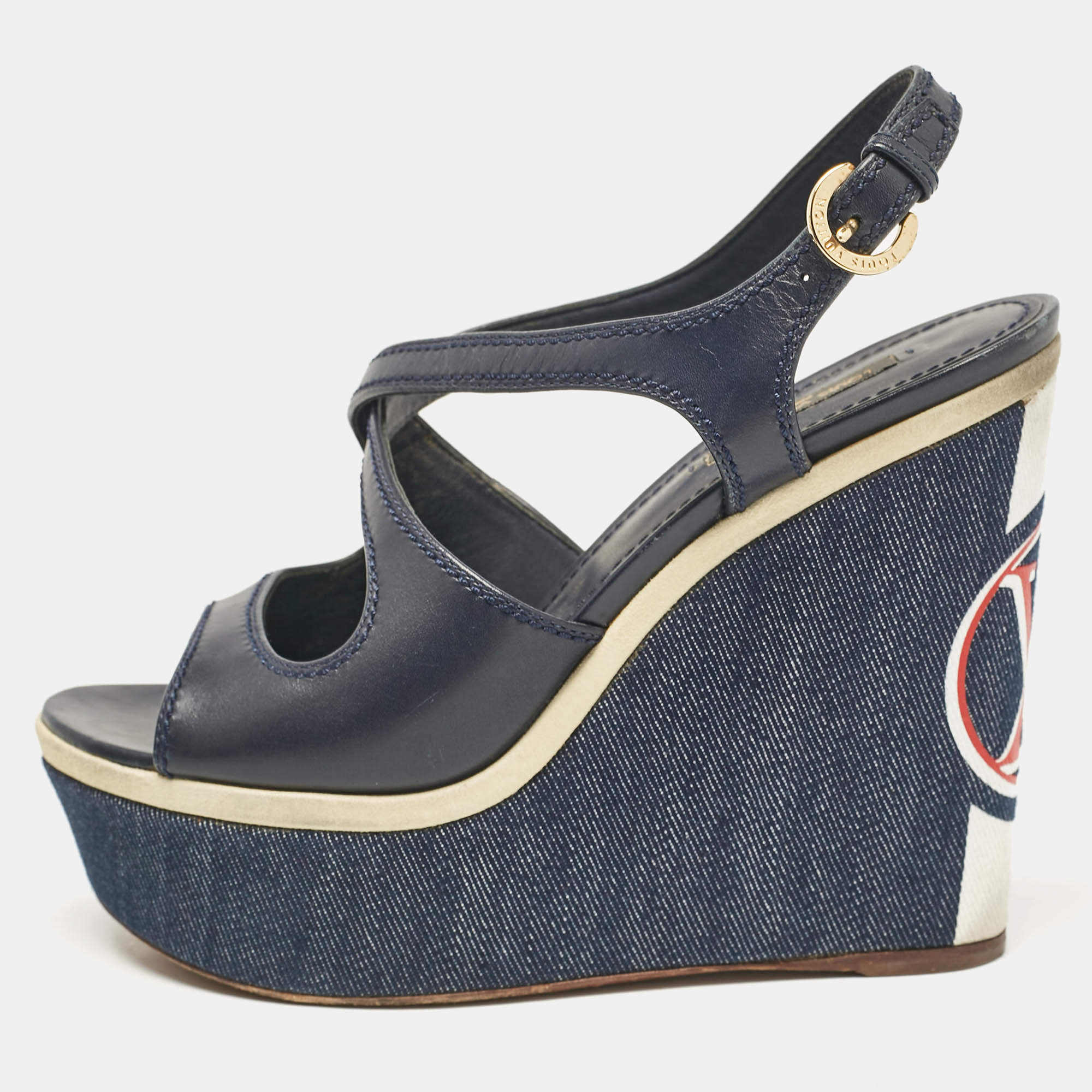 Louis Vuitton Navy Blue Canvas and Denim Wedge Sandals Size 38