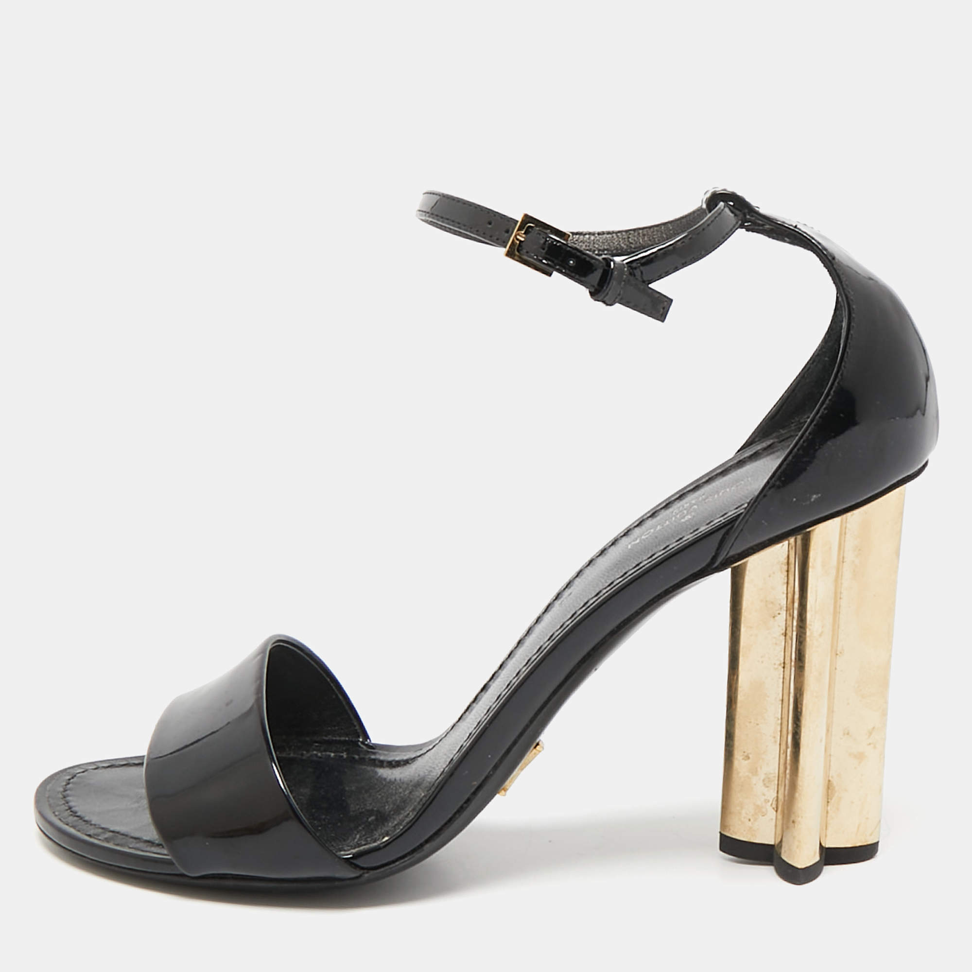 Louis Vuitton Black Patent Leather Flower Heel Ankle Strap Sandals Size 39
