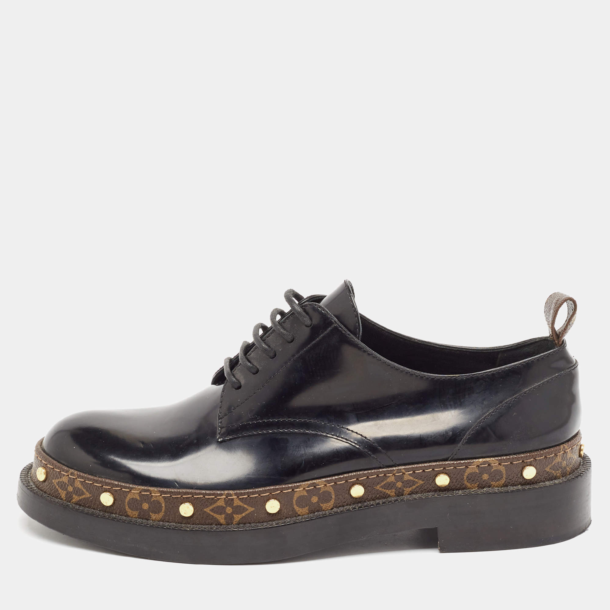 Louis Vuitton Black/Brown Monogram Canvas And Patent Leather Derby Size 39.5