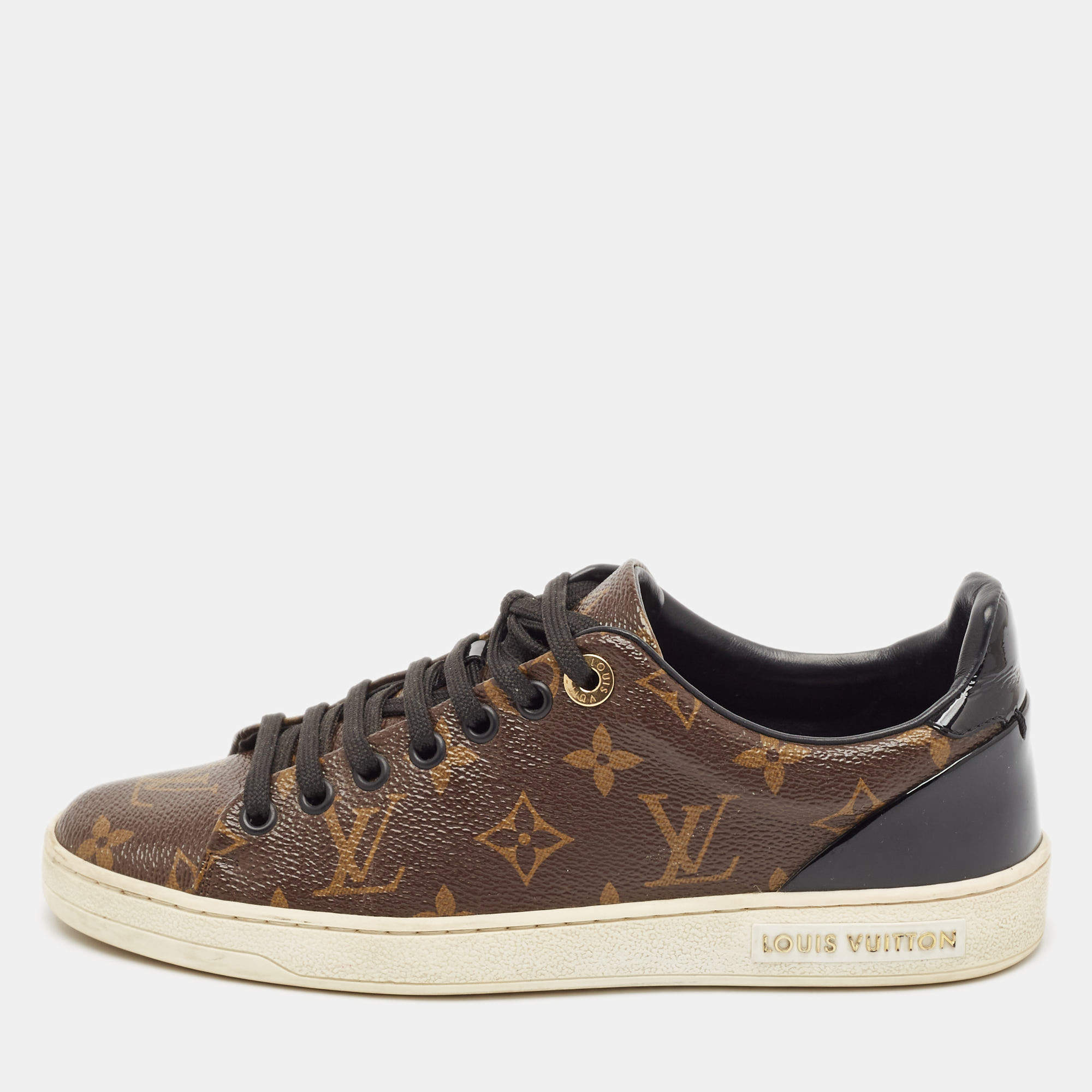 Louis Vuitton Brown/Black Monogram Canvas and Patent Leather Frontrow Sneakers Size 36