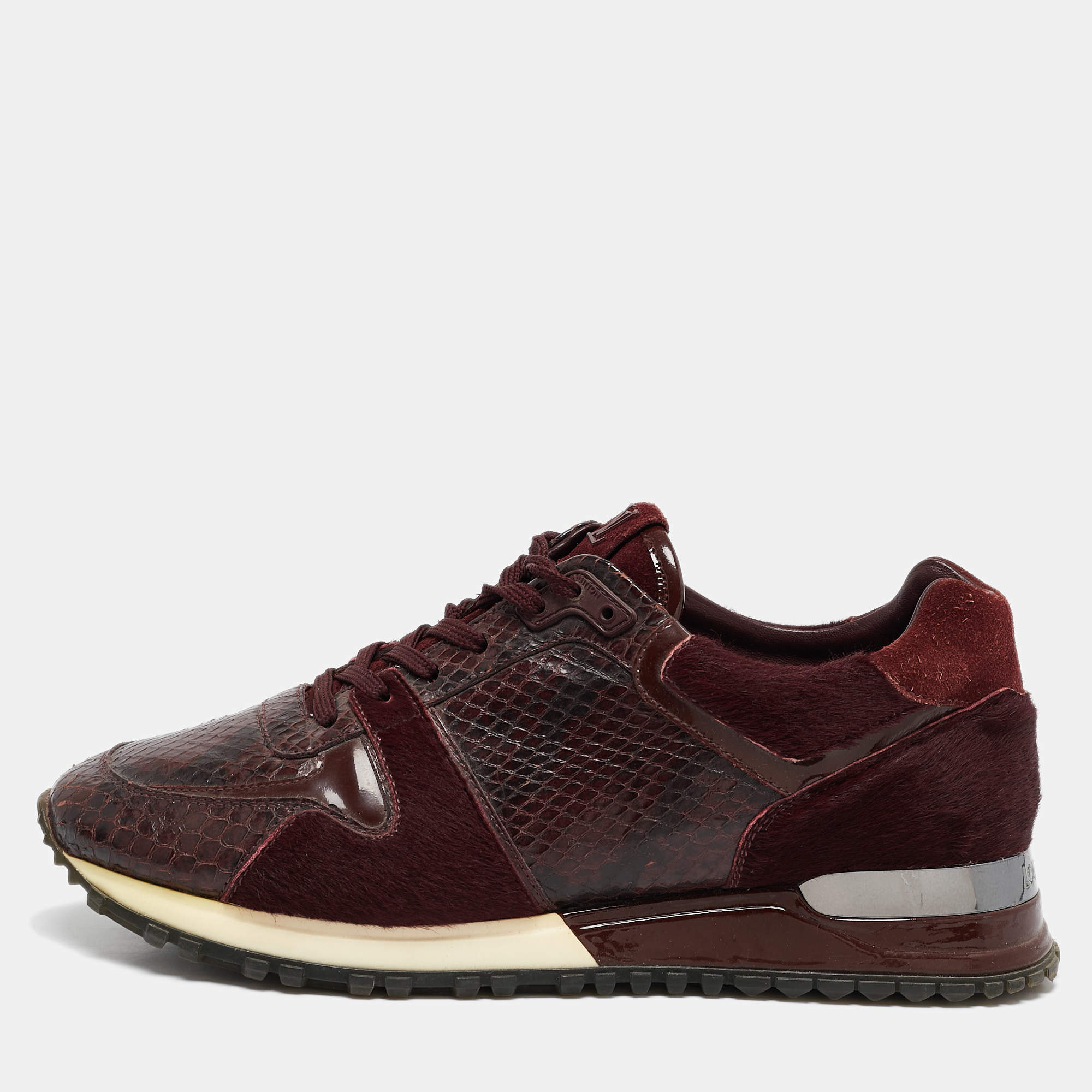 Louis Vuitton Burgundy Calf Hair and Python Leather Run Away Lace Up Sneakers Size 36.5