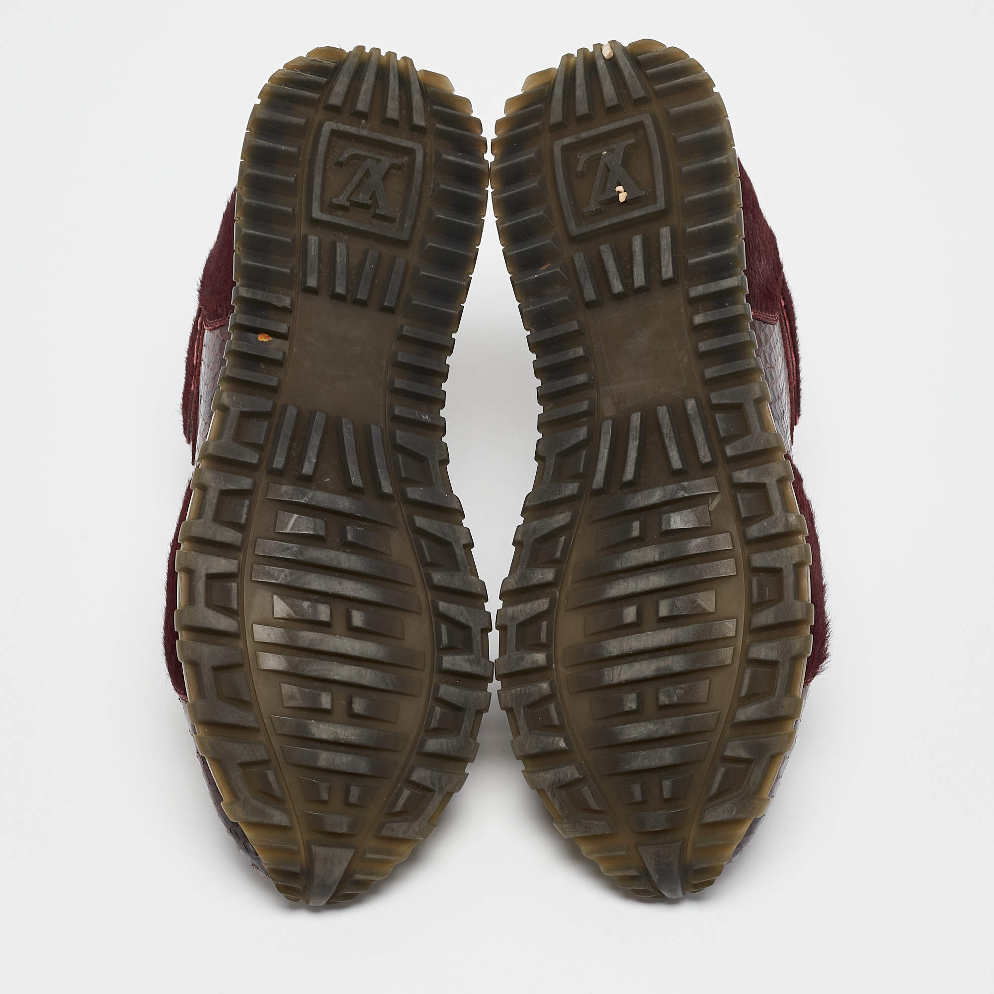 Pre Owned Louis Vuitton Burgundy Calf Hair and Python Leather Run Away Lace Up Sneakers Size 36.5