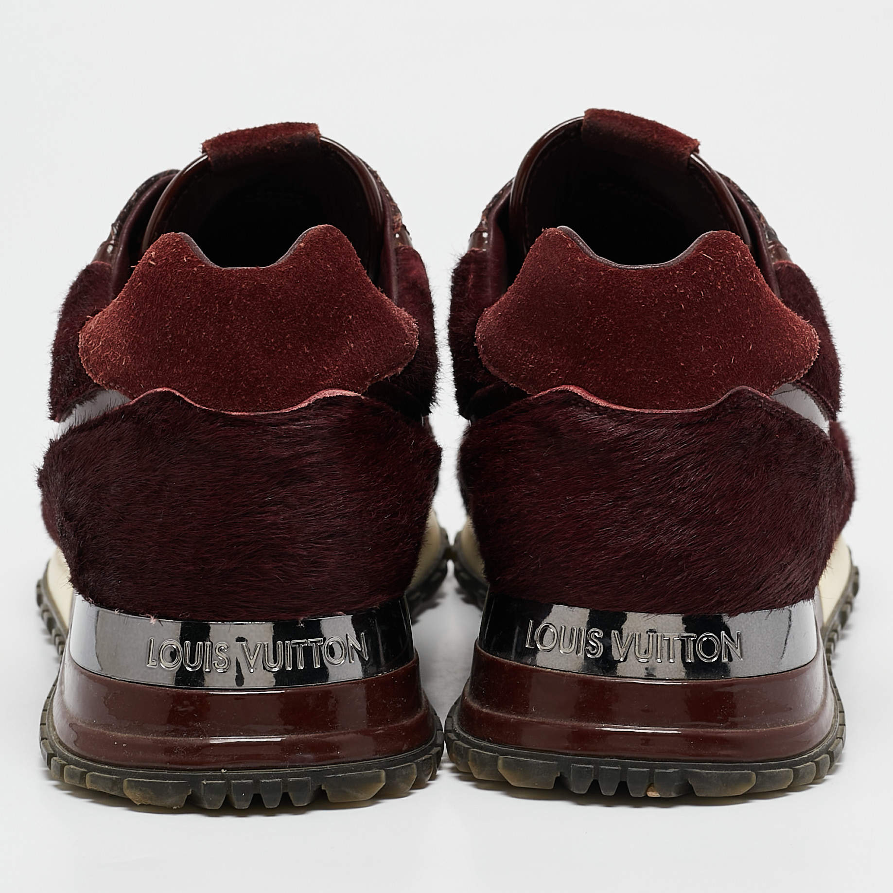 Pre Owned Louis Vuitton Burgundy Calf Hair and Python Leather Run Away Lace Up Sneakers Size 36.5
