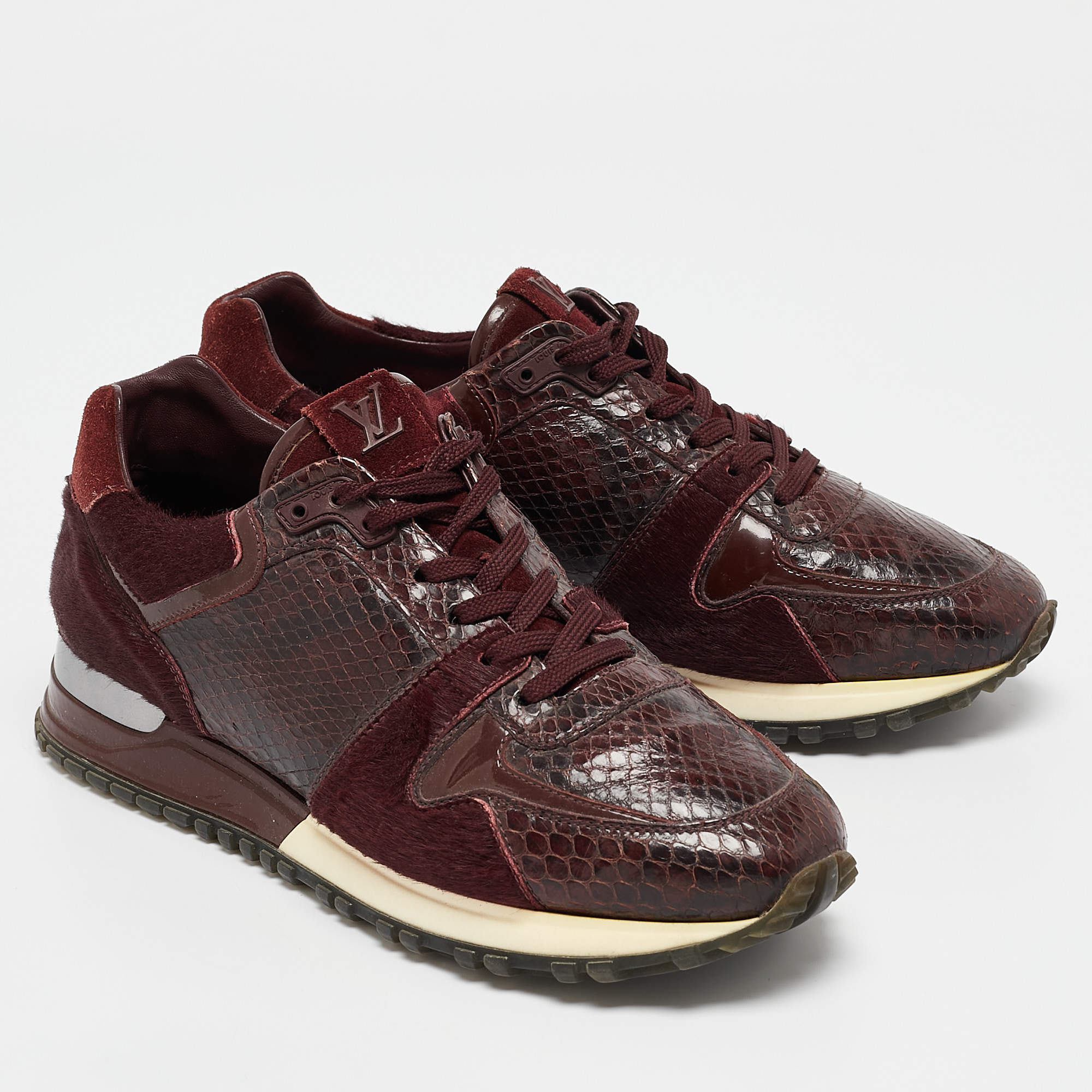 Pre Owned Louis Vuitton Burgundy Calf Hair and Python Leather Run Away Lace Up Sneakers Size 36.5
