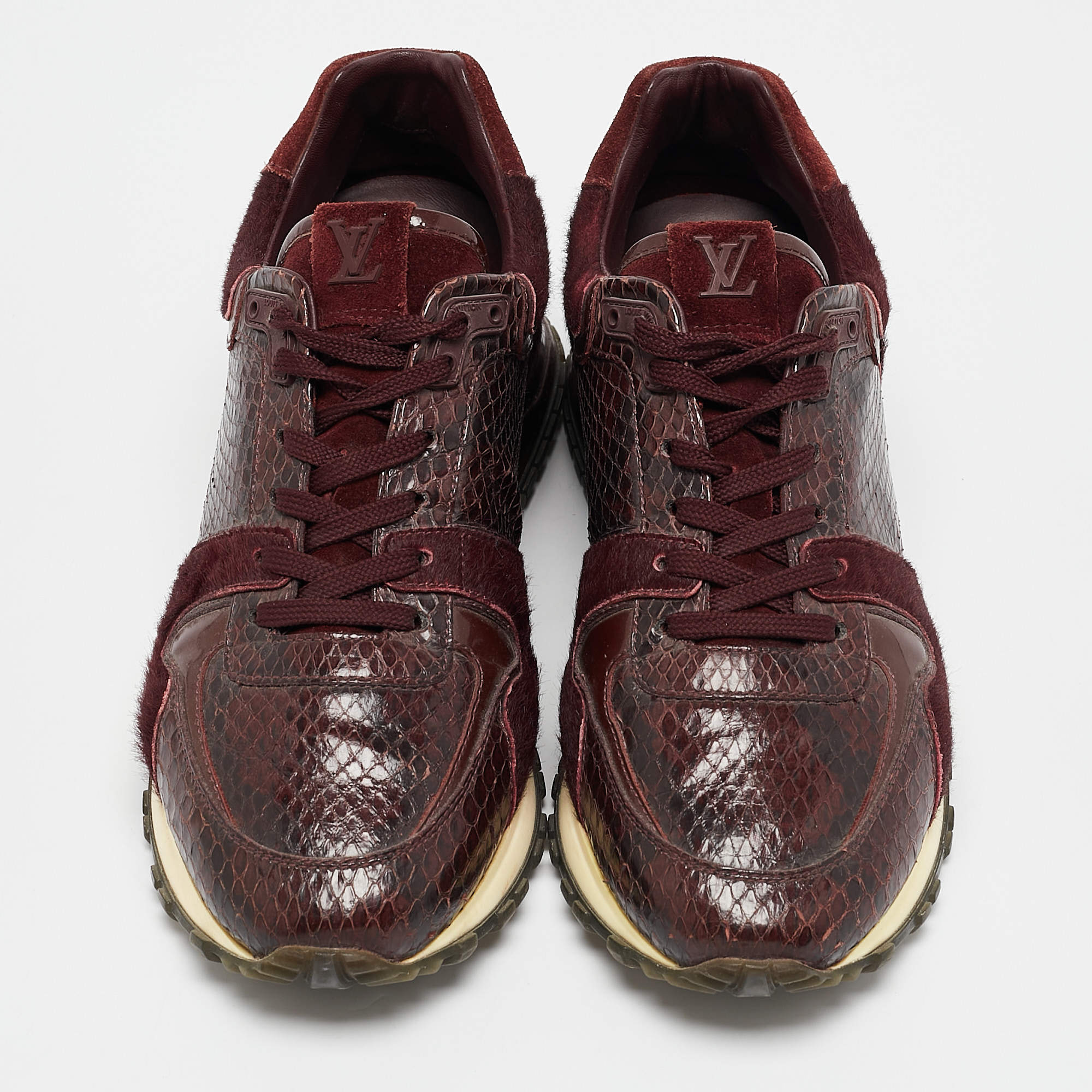 Pre Owned Louis Vuitton Burgundy Calf Hair and Python Leather Run Away Lace Up Sneakers Size 36.5