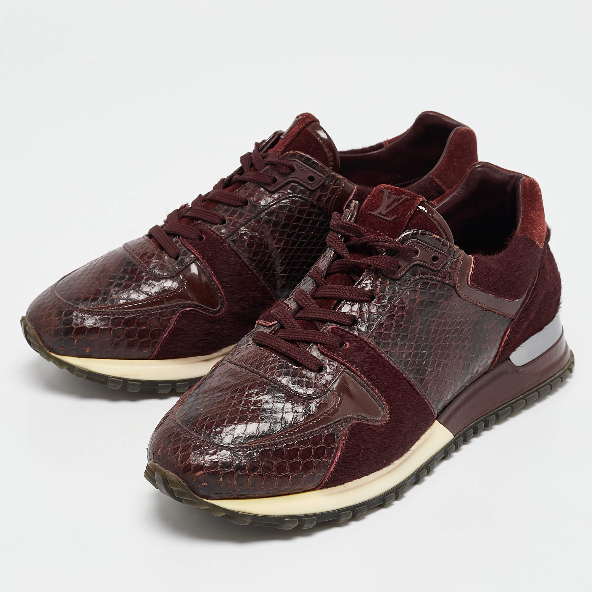 Pre Owned Louis Vuitton Burgundy Calf Hair and Python Leather Run Away Lace Up Sneakers Size 36.5