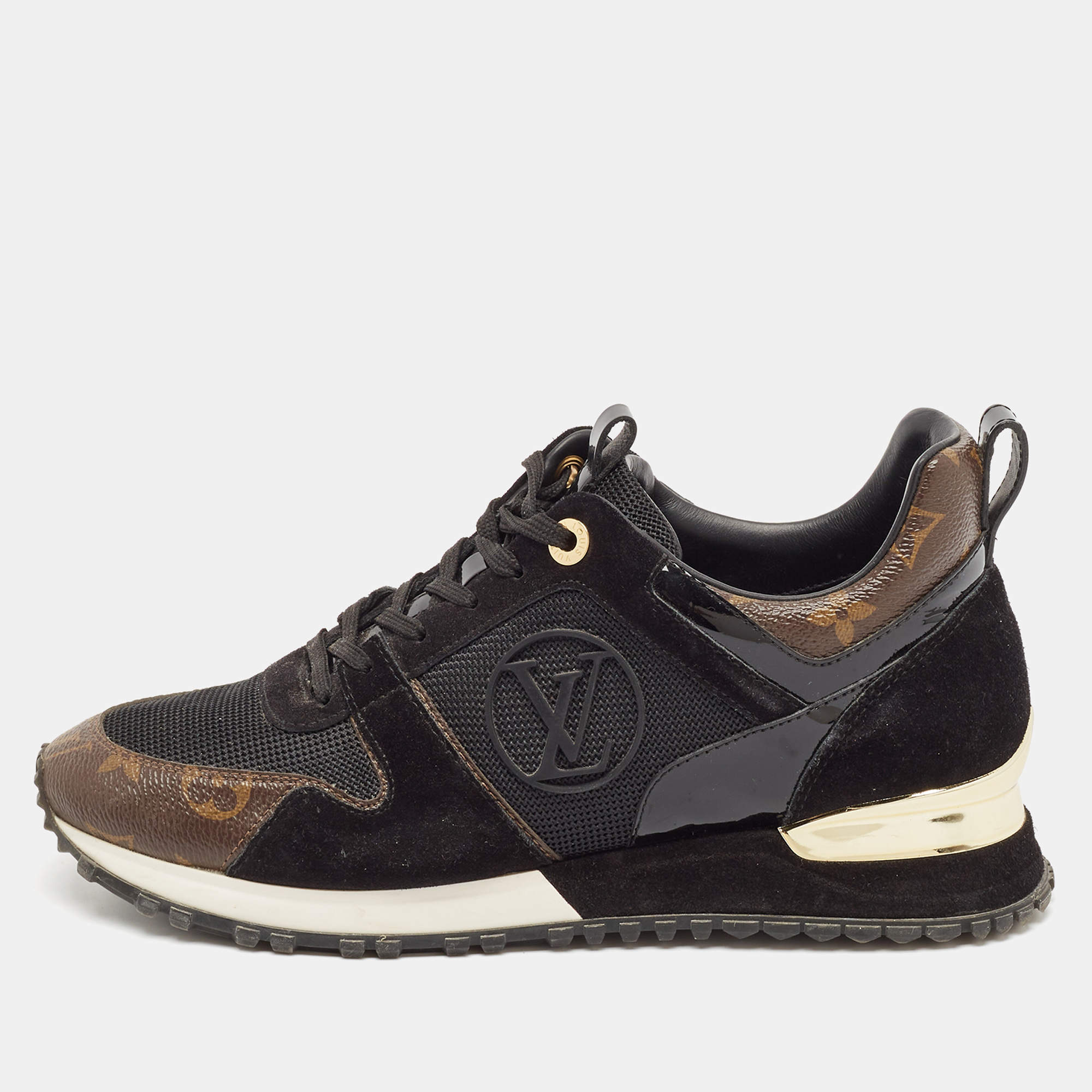 Louis Vuitton Black/Brown Mesh and Monogram Canvas Run Away Sneakers Size 38.5