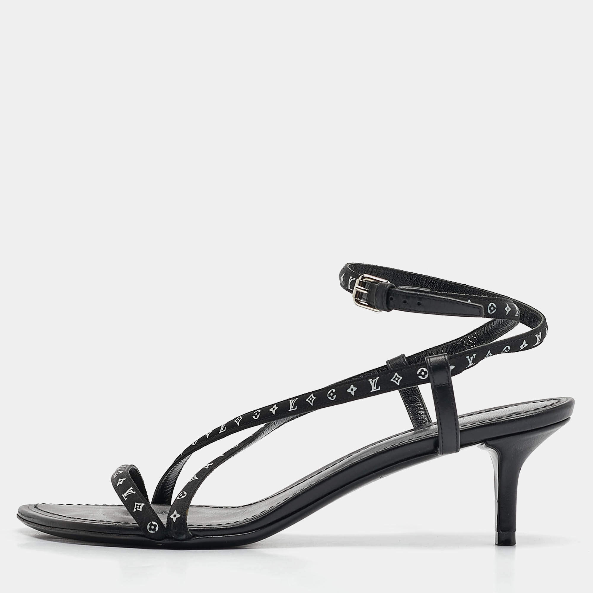 Louis Vuitton Black Canvas and Leather Ankle Strap Sandals Size 36.5