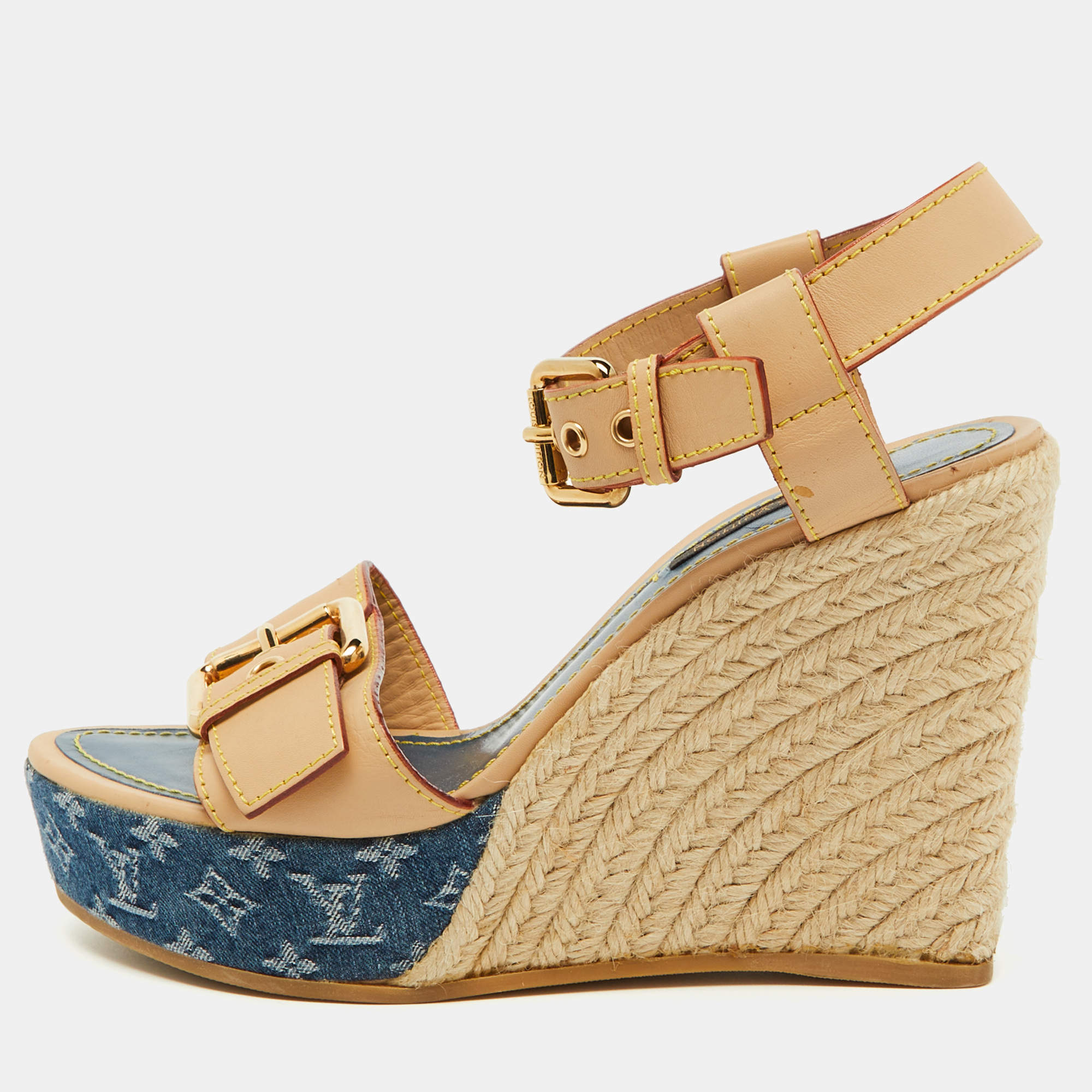 مملوكة مسبقًا Louis Vuitton Beige/Blue Leather and Monogram Denim Espadrille Wedge Sandals Size 36.5