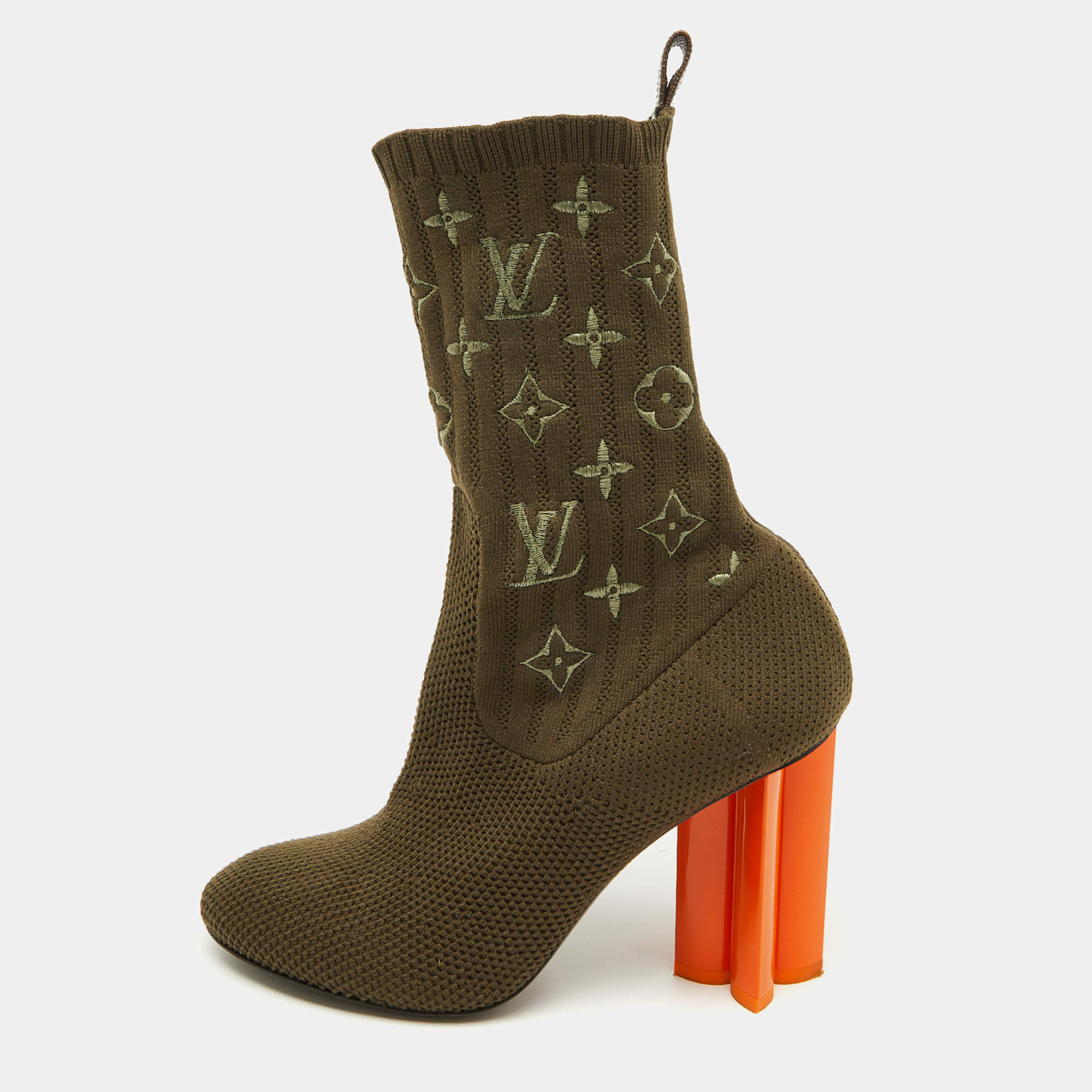 Louis Vuitton Olive Green Monogram Knit Fabric Silhouette Ankle Boots Size 36
