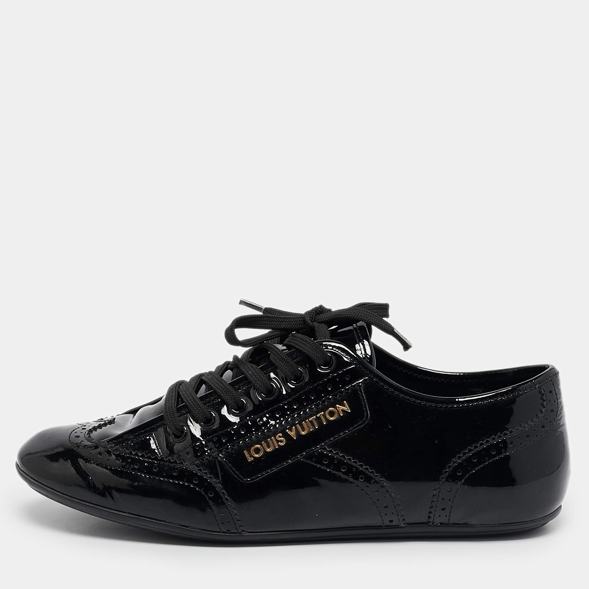 مملوكة مسبقًا Louis Vuitton Black Patent Leather Low Top Brogue Sneakers Size 38