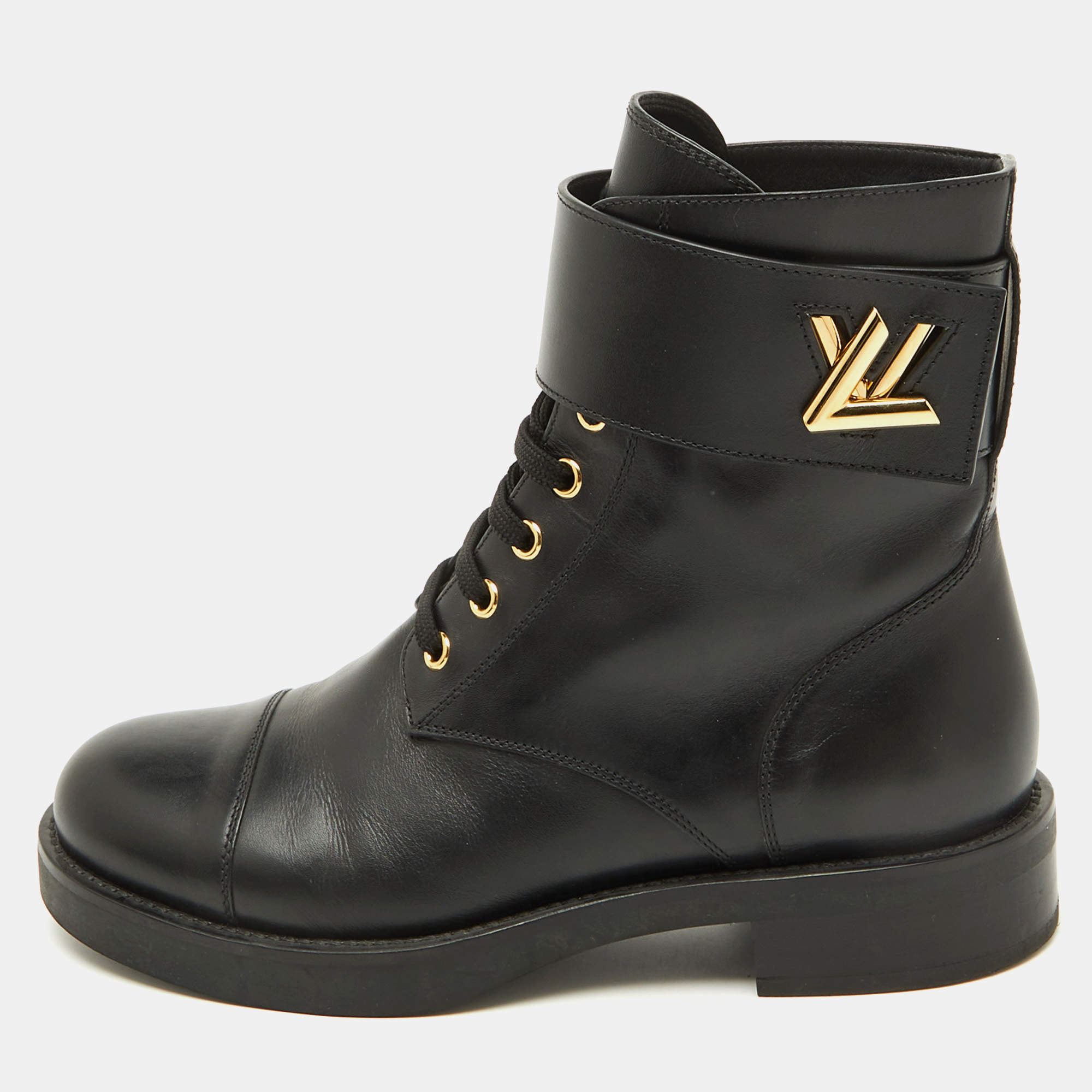 Pre Owned Louis Vuitton Black Leather Wonderland Ranger Combat Boots Size 38