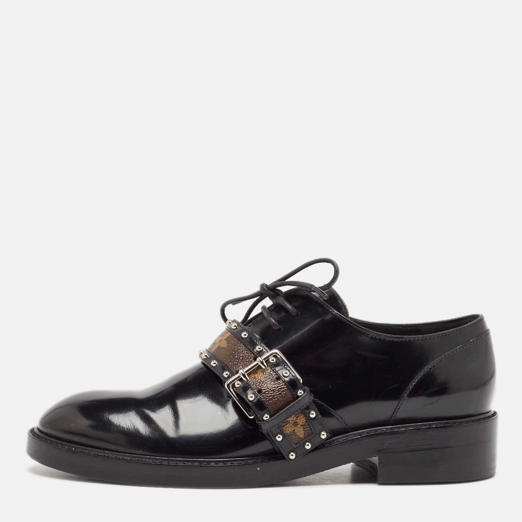 Louis Vuitton Black Glossy Leather Buckle Oxfords Size 38.5