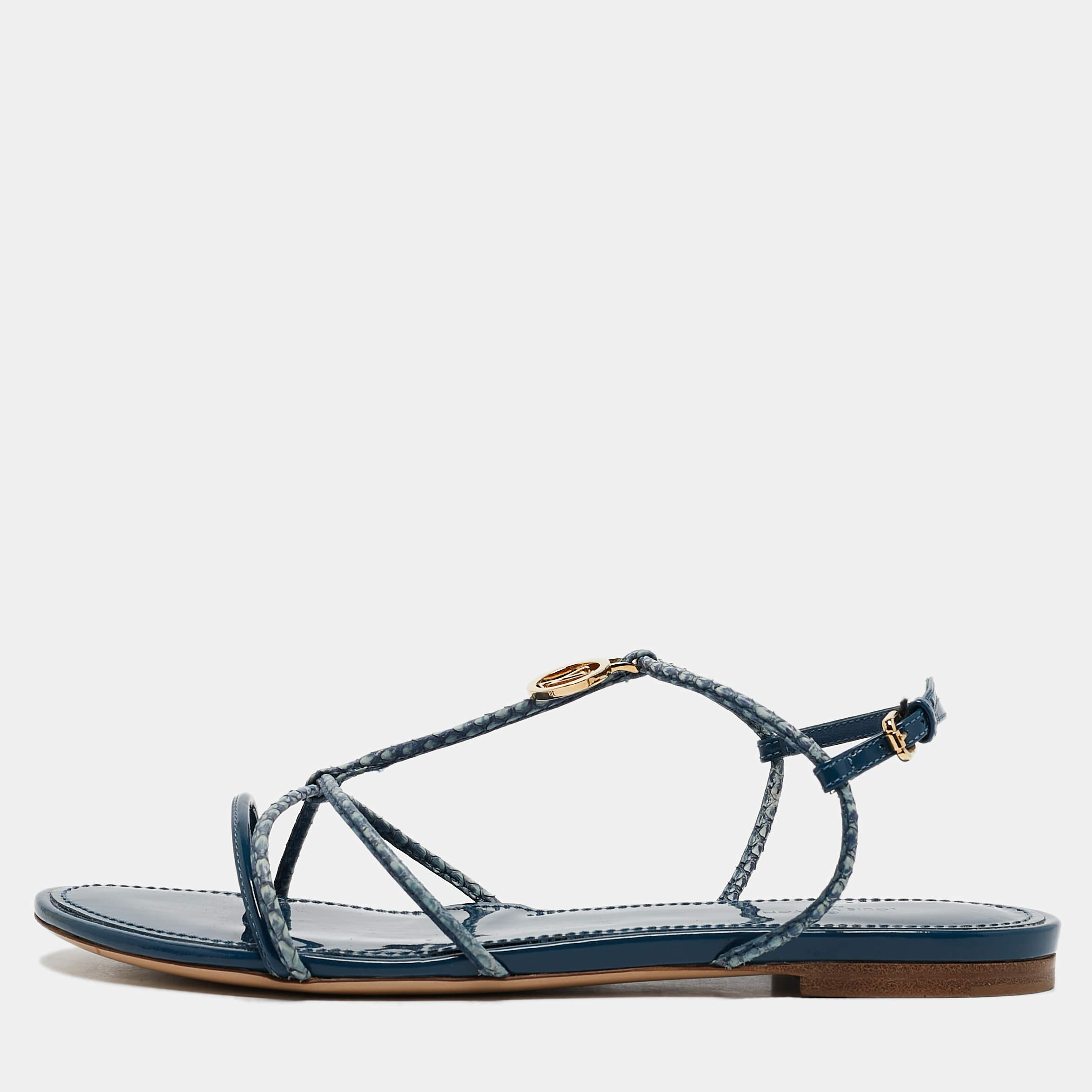 Pre Owned Louis Vuitton Blue Snakeskin and Patent Leather Sunseeker Flat Sandals Size 38.5