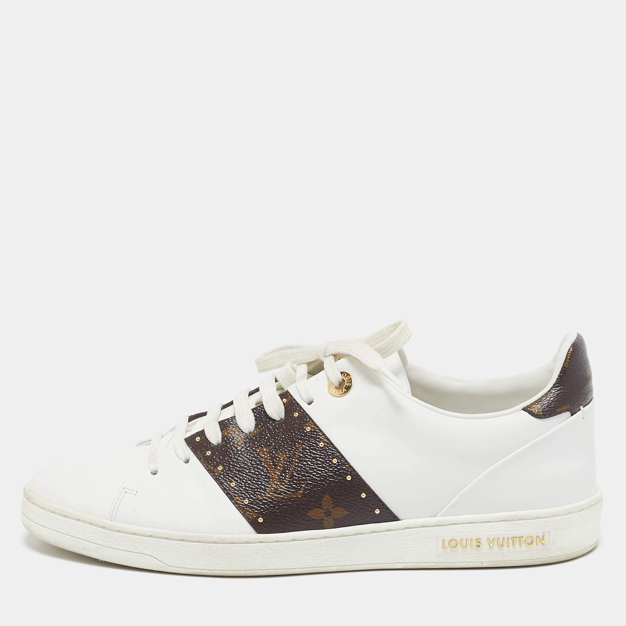 Louis Vuitton White Leather and Monogram Canvas Time Out Sneakers Size 39