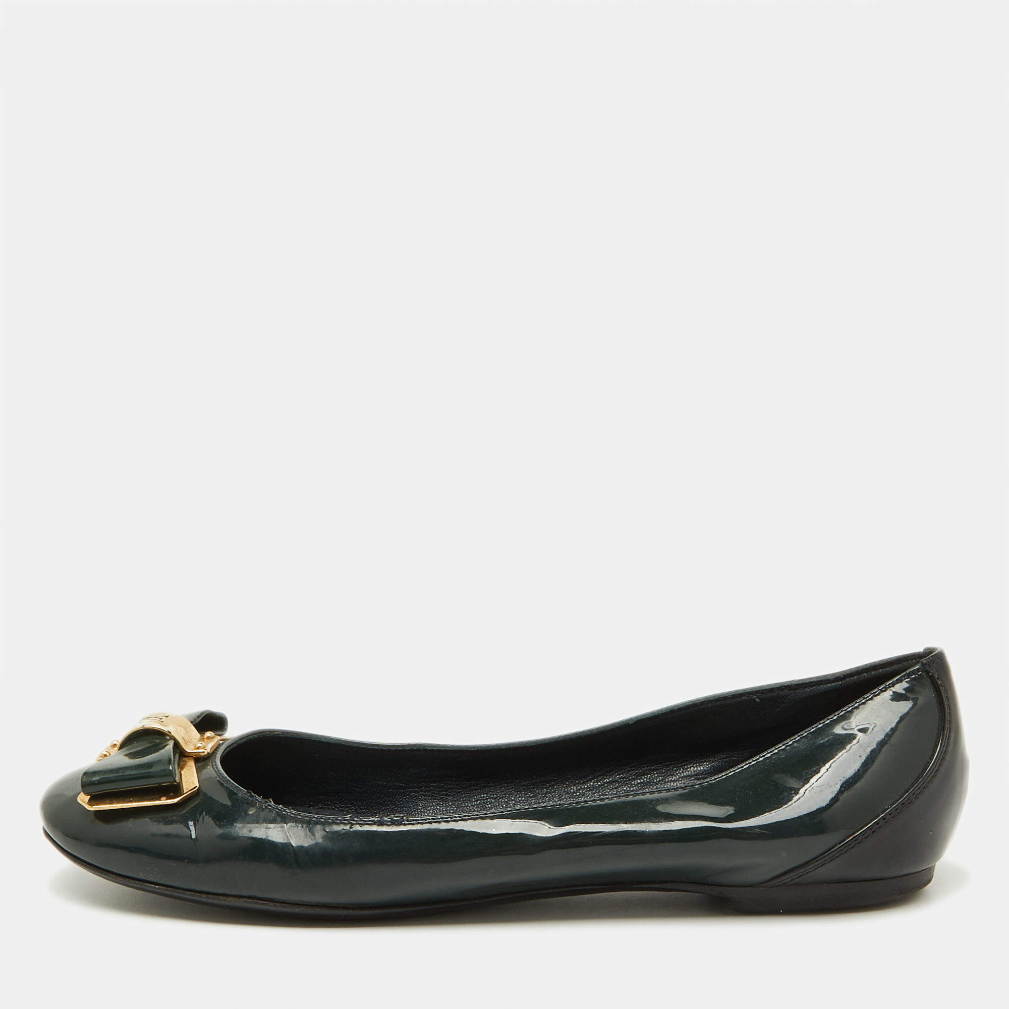 Louis Vuitton Dark Green/Black Patent Leather Bow Ballet Flats Size 36