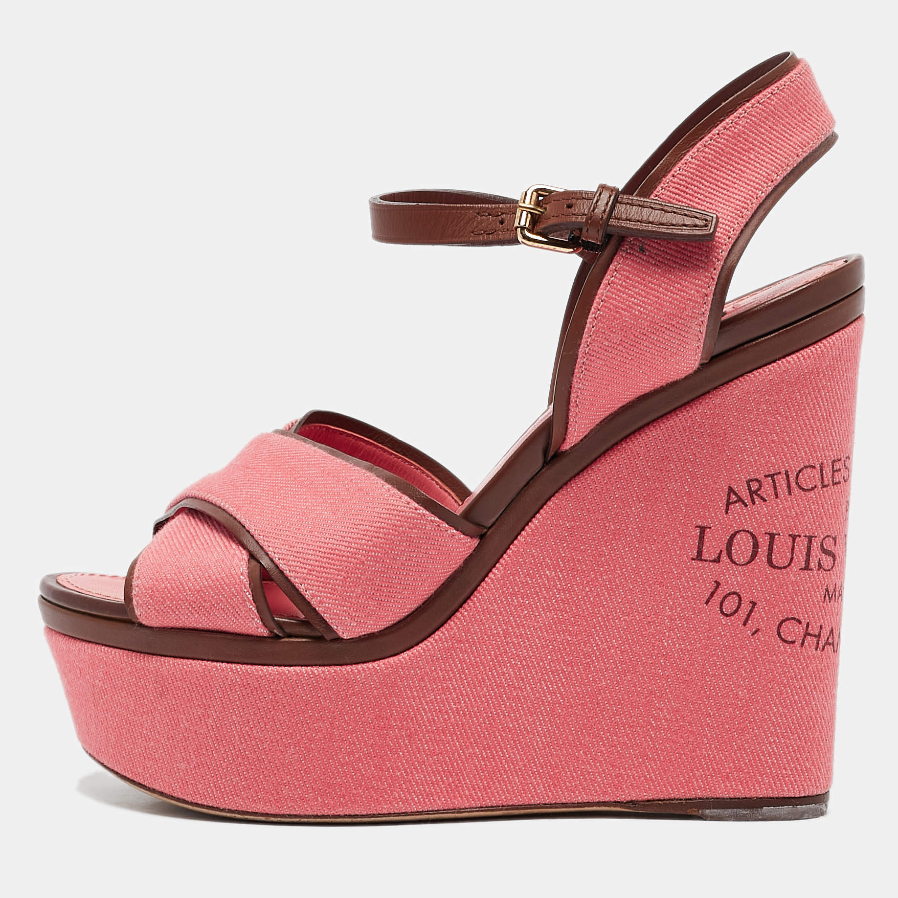 Pre Owned Louis Vuitton Pink Denim and Leather Articles De Voyage Wedge Sandals Size 36