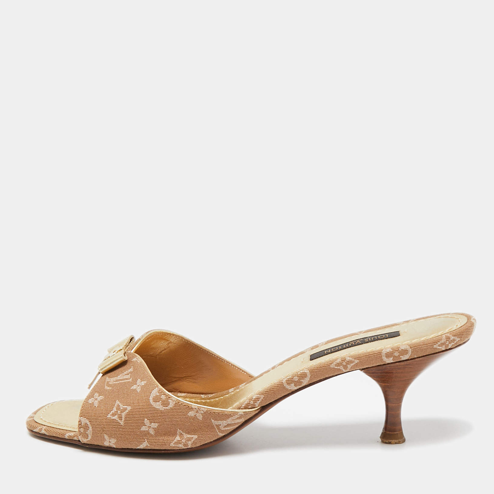 Louis Vuitton Brown Mini Lin Canvas Bow Slide Sandals Size 36.5