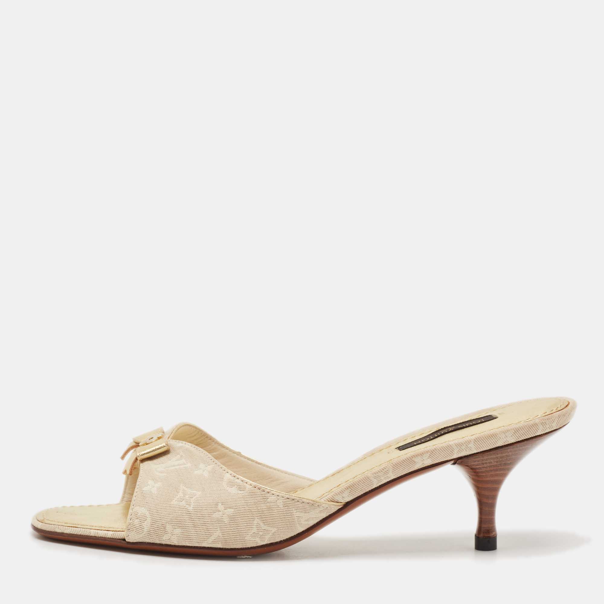 Louis Vuitton Two Tone Mini Lin Canvas Bow Slide Sandals Size 37