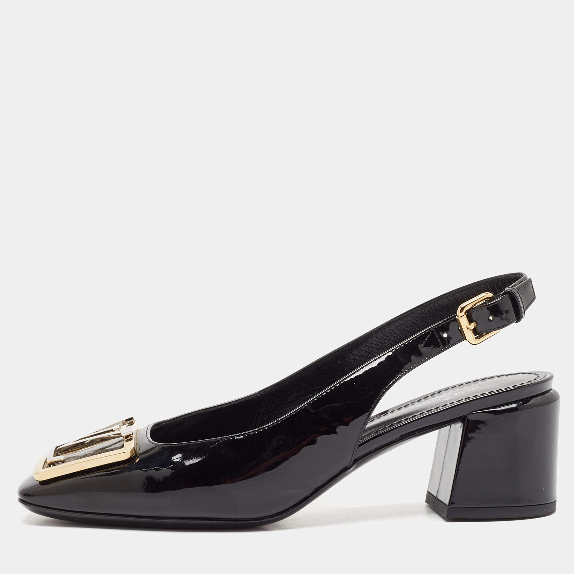 Pre Owned Louis Vuitton Black Vernis Leather Madeleine Slingback Pumps Size 37.5