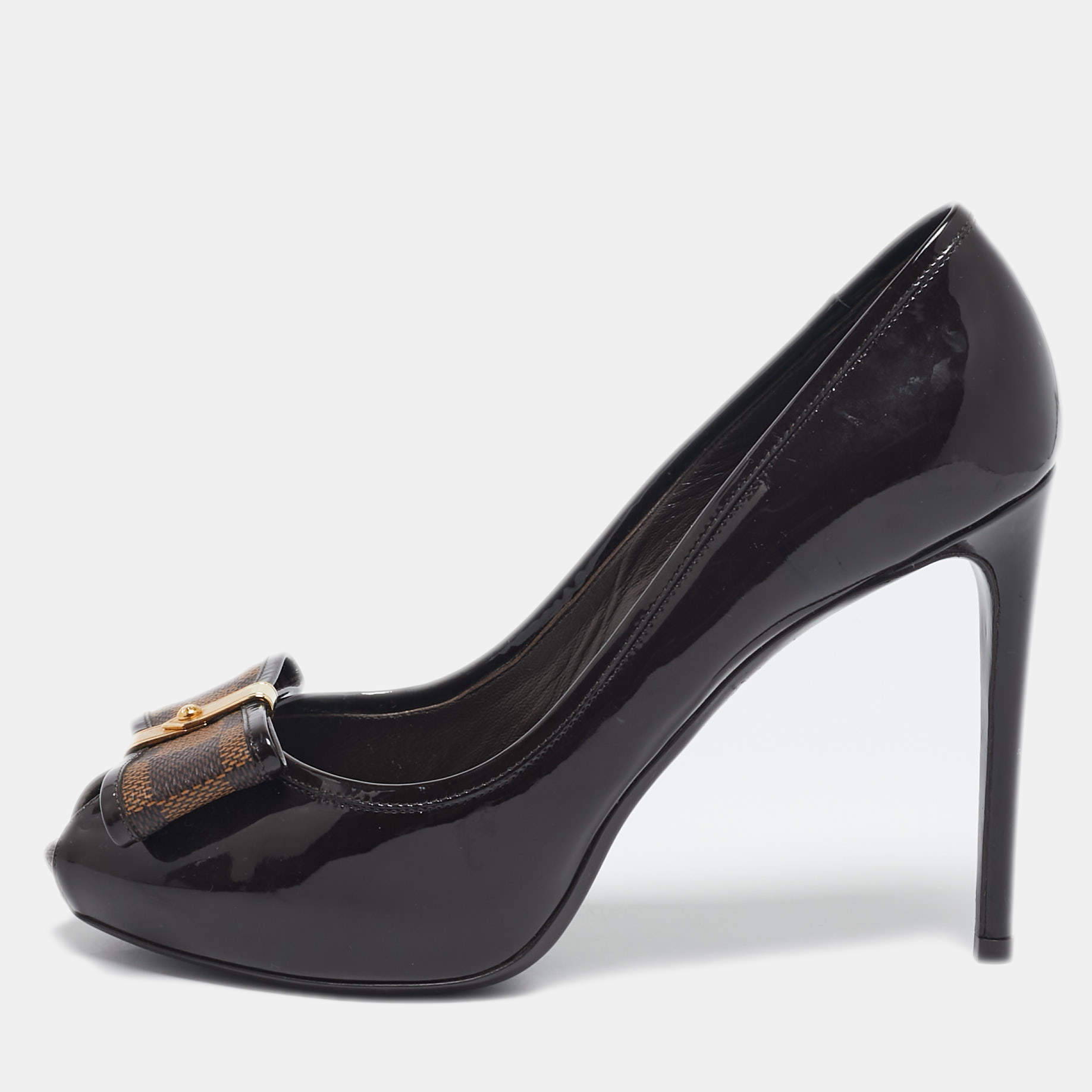 Louis Vuitton Brown/Burgundy  Patent Leather And Infini Canvas Bow Peep Toe Platform Pumps Size 39