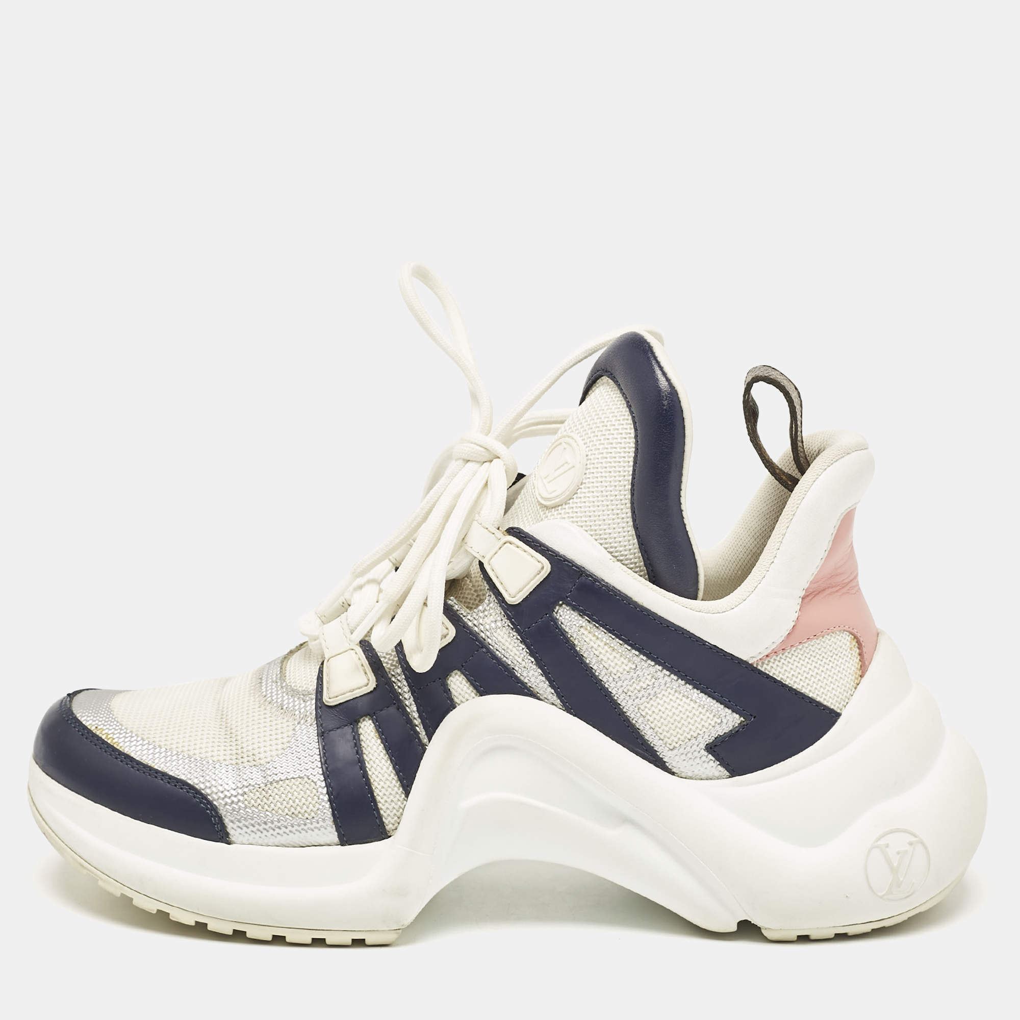 Louis Vuitton White/Navy Blue Mesh and Monogram Canvas Archlight Sneakers Size 39