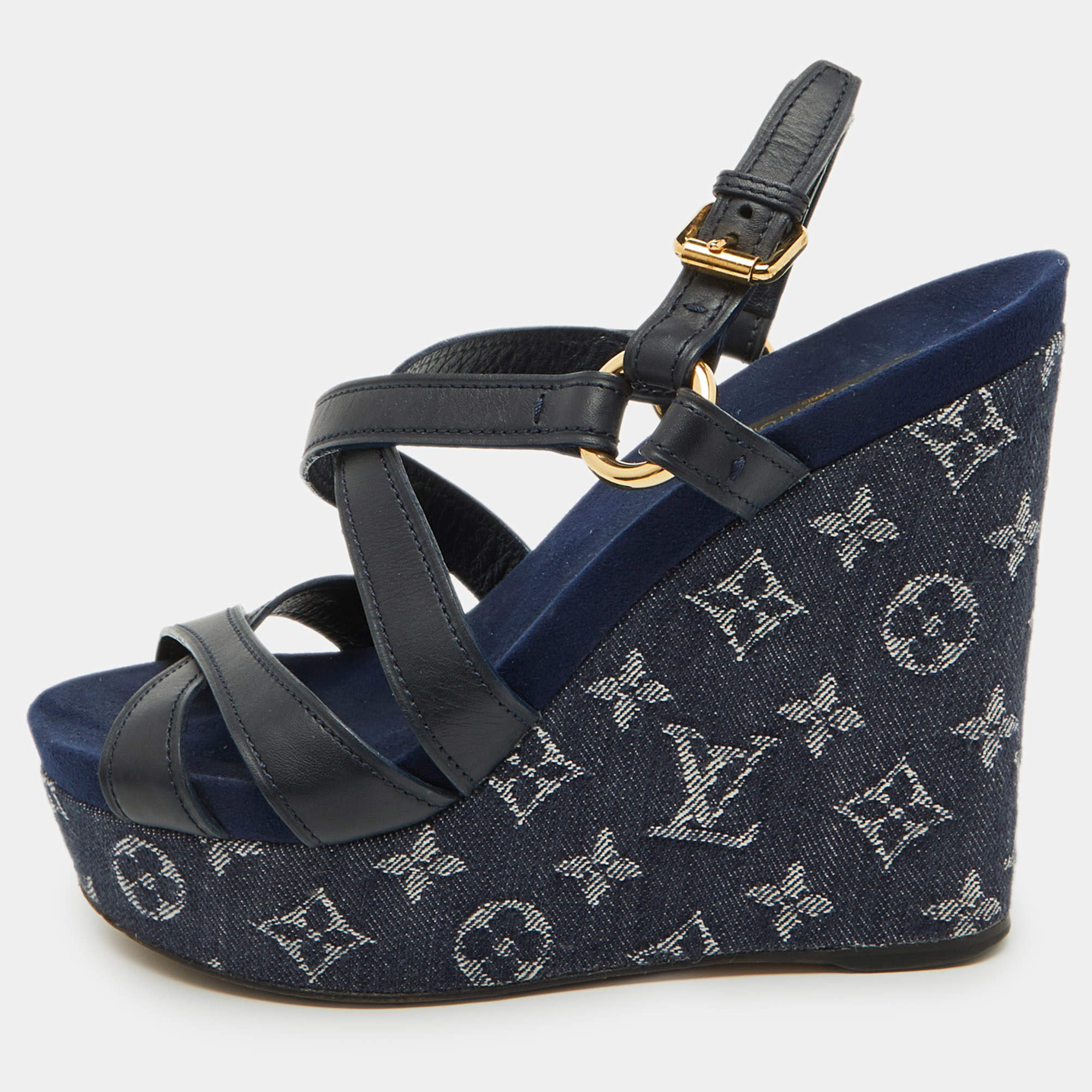 Pre Owned Louis Vuitton Navy Blue Leather and Monogram Denim Ocean Wedge Sandals Size 38